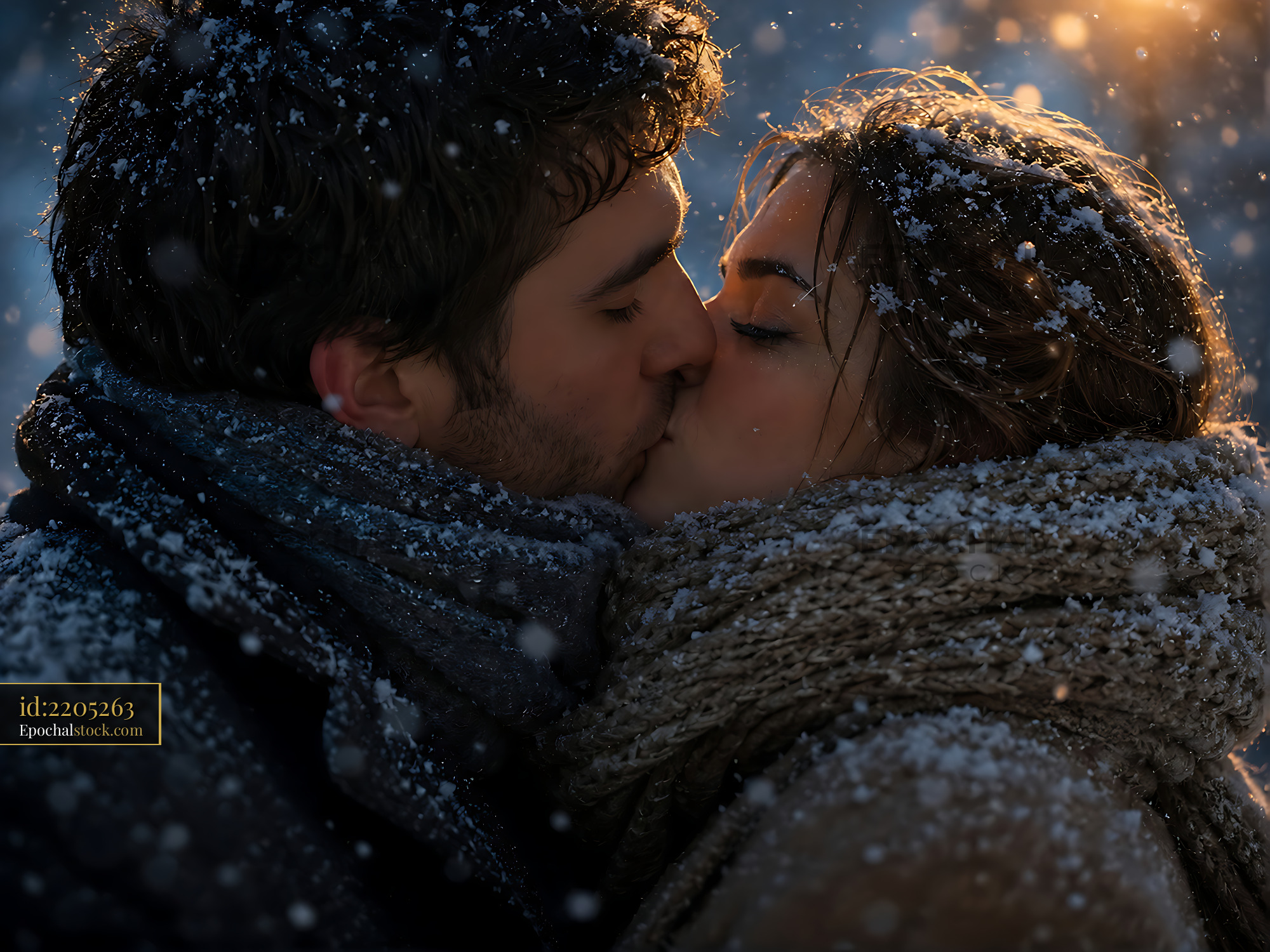 Watermarked full-resolution preview of Couple kissing in snow during winter evening