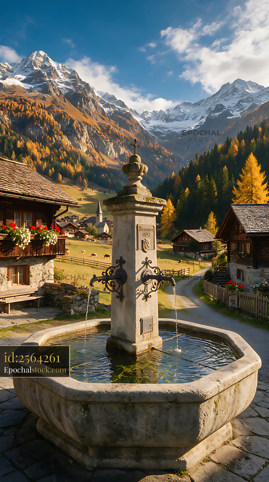 Watermarked full-resolution preview of Traditional fountain in a Swiss alpine village