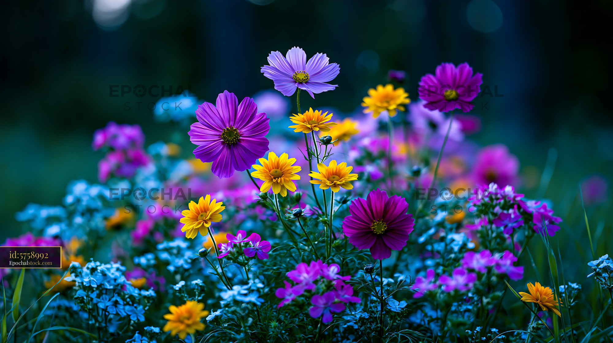 Watermarked full-resolution preview of Colorful flowers in bloom in a garden setting