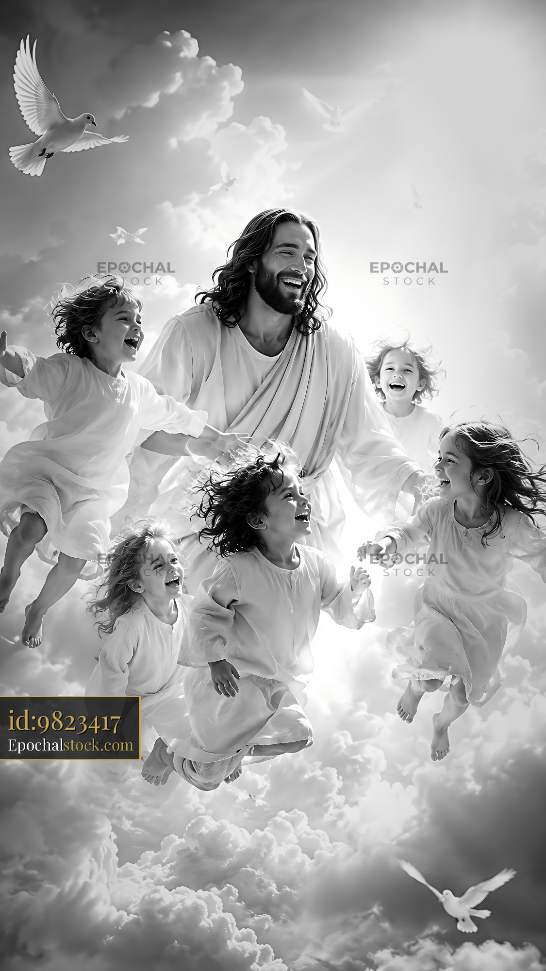 Jesus With Children in Clouds Communicating Joy and Happiness - stock photo