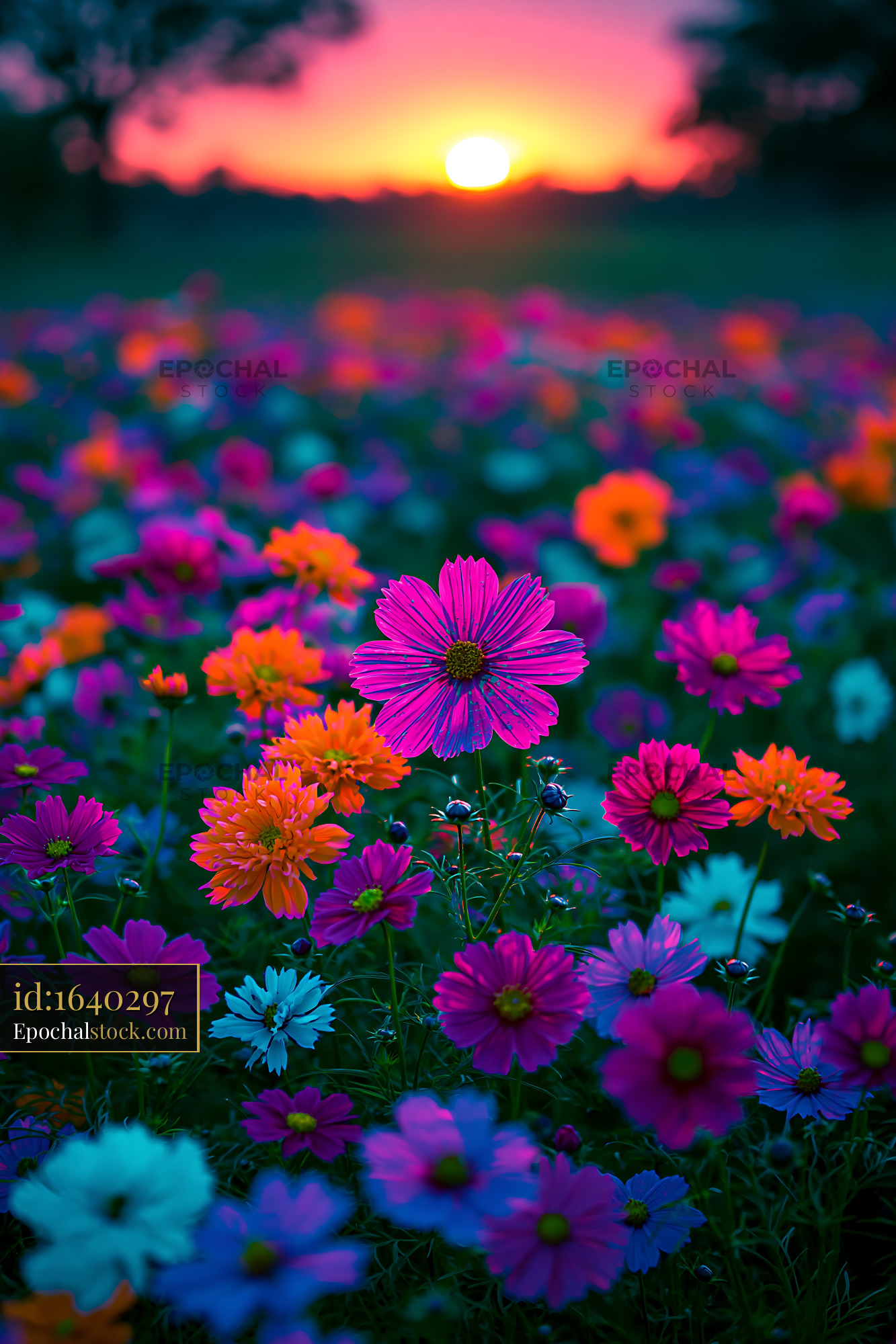 Watermarked full-resolution preview of Flowers bloom at sunset with a colorful display in the meadow