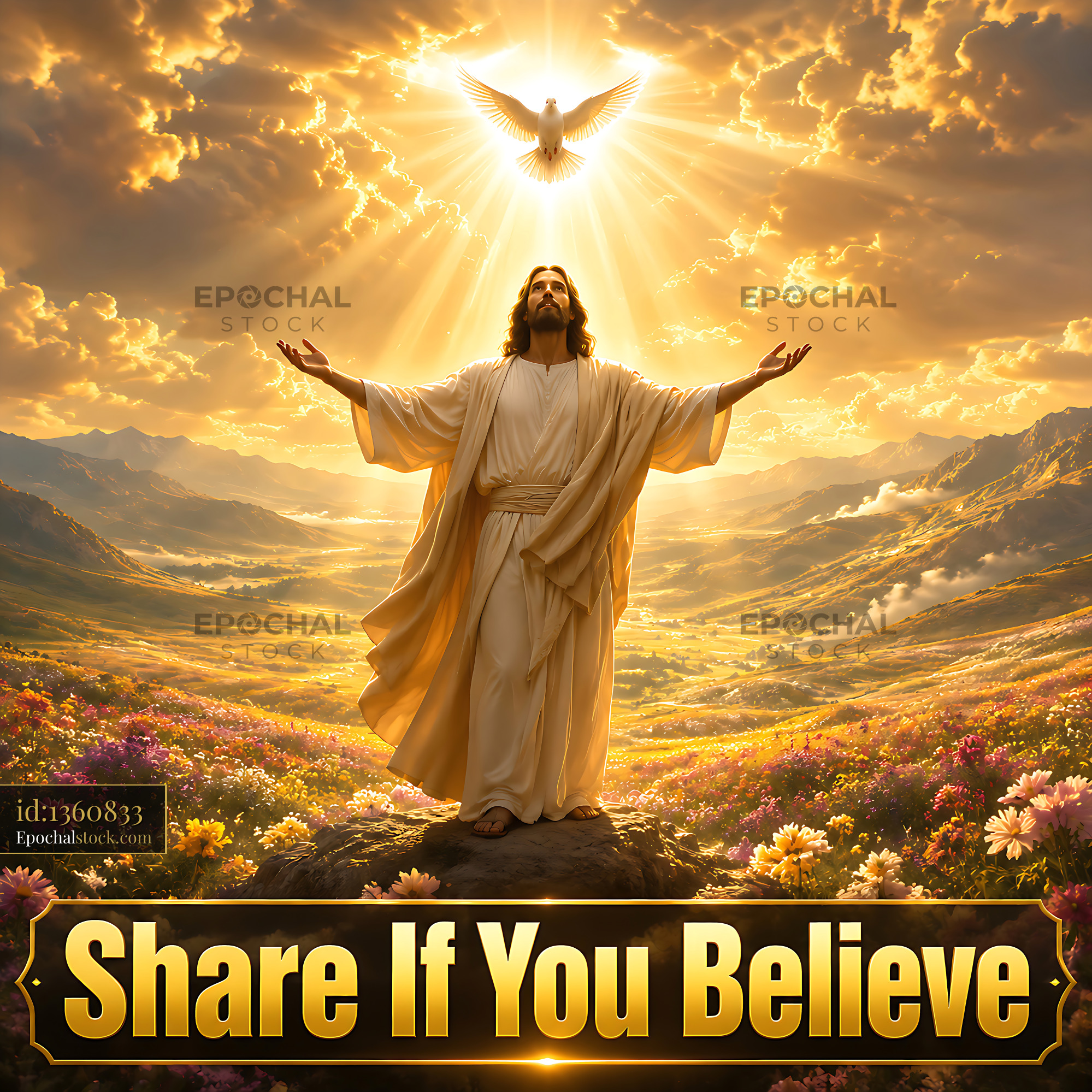 Watermarked full-resolution preview of Jesus with open arms in mountainous landscape at sunset