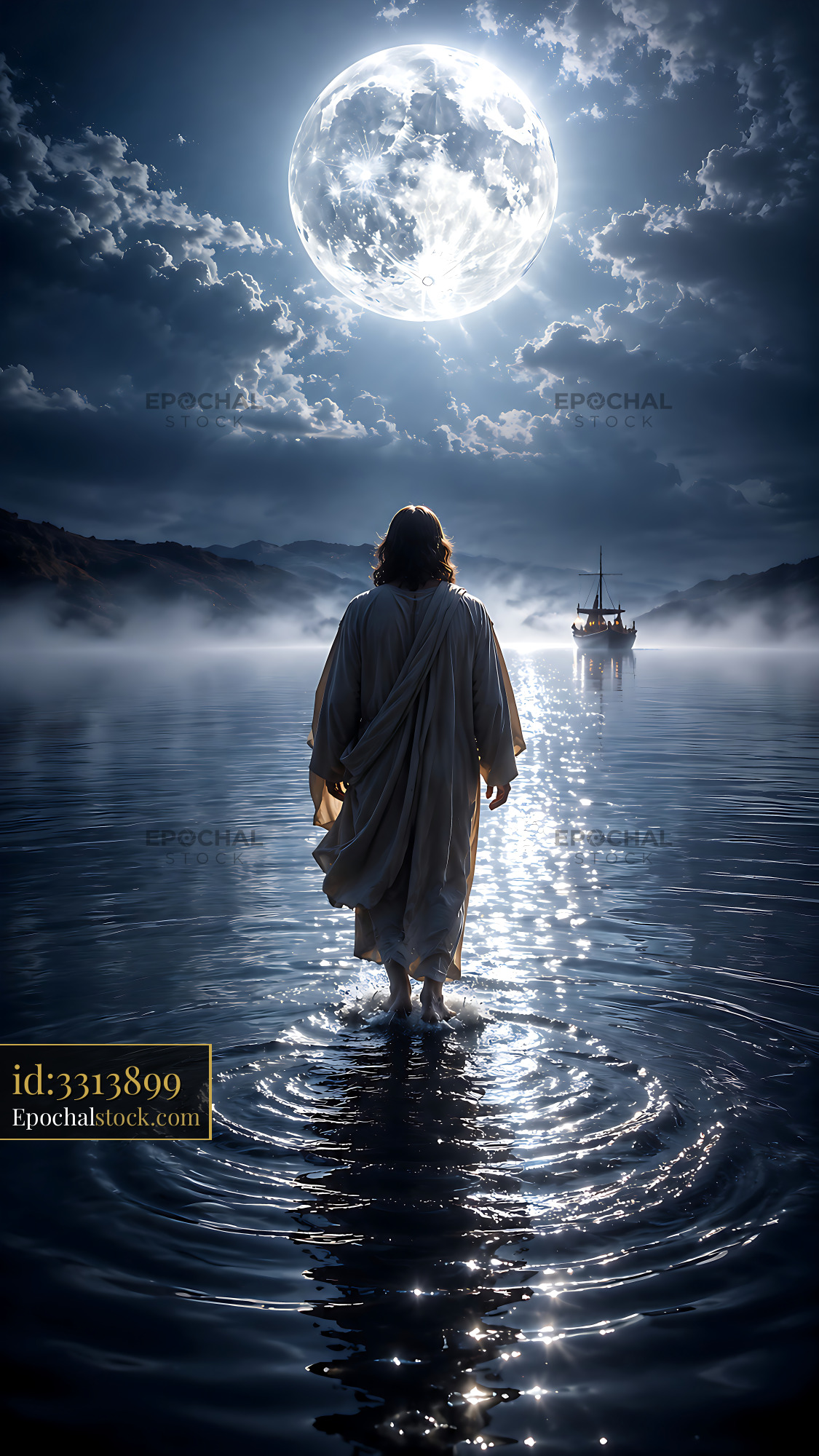 Watermarked full-resolution preview of Walking on water under the moonlight at night
