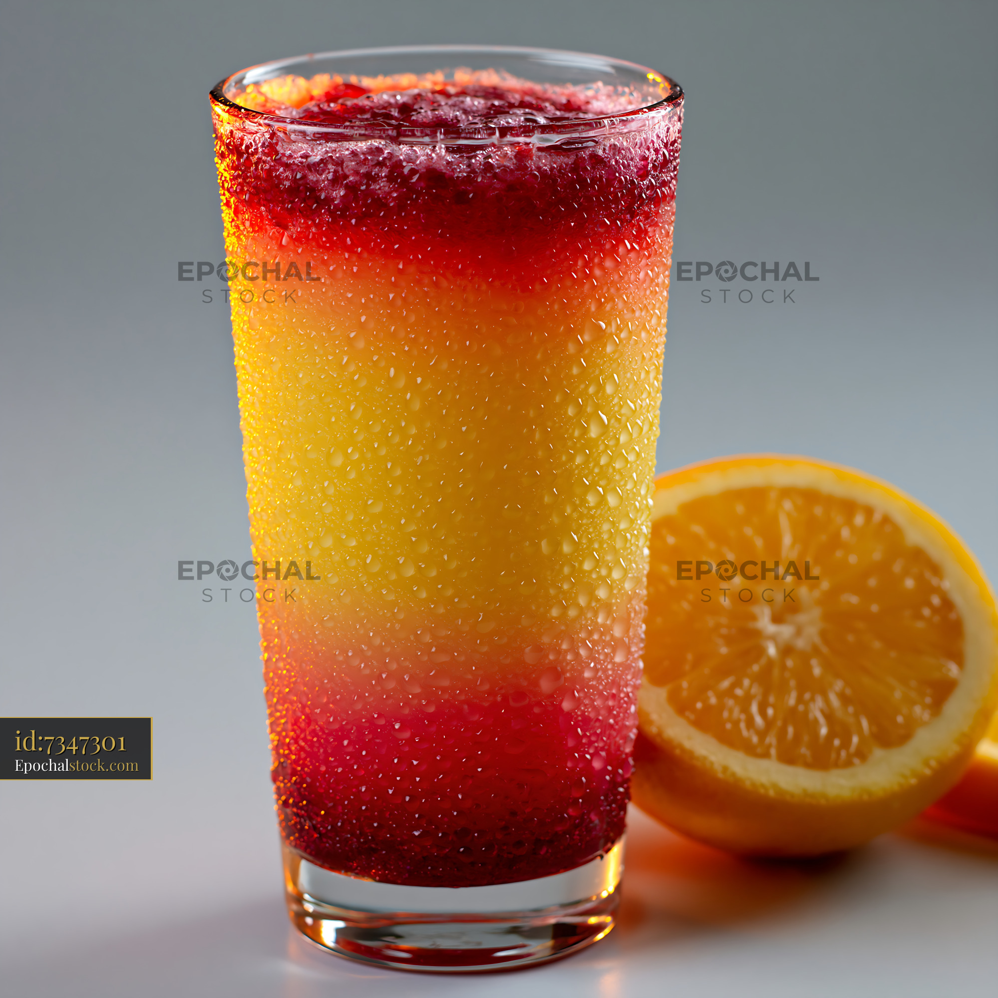 Watermarked full-resolution preview of Colorful drink with orange slices on a gray background