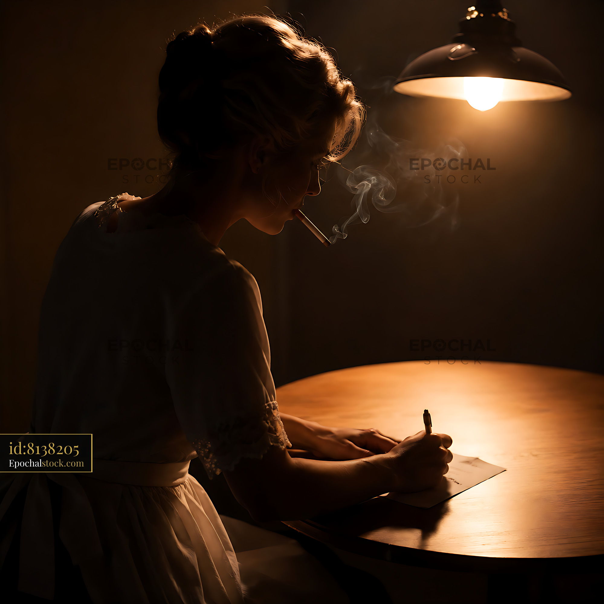 Watermarked full-resolution preview of Woman writing at a table with a cigarette in a dim room