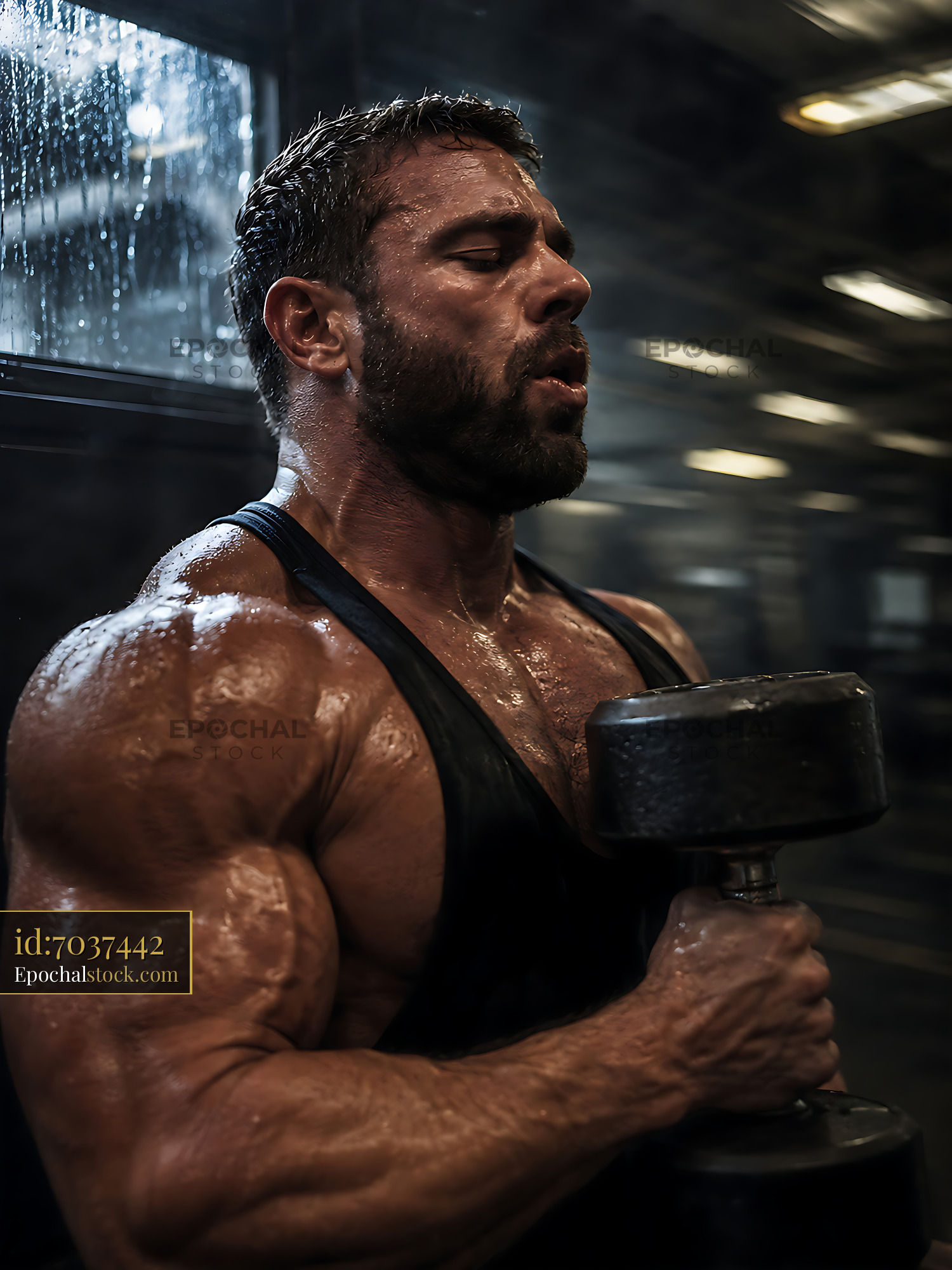 Man Lifting Dumbbell in Gym With Indoor Lighting and Sweat - stock photo