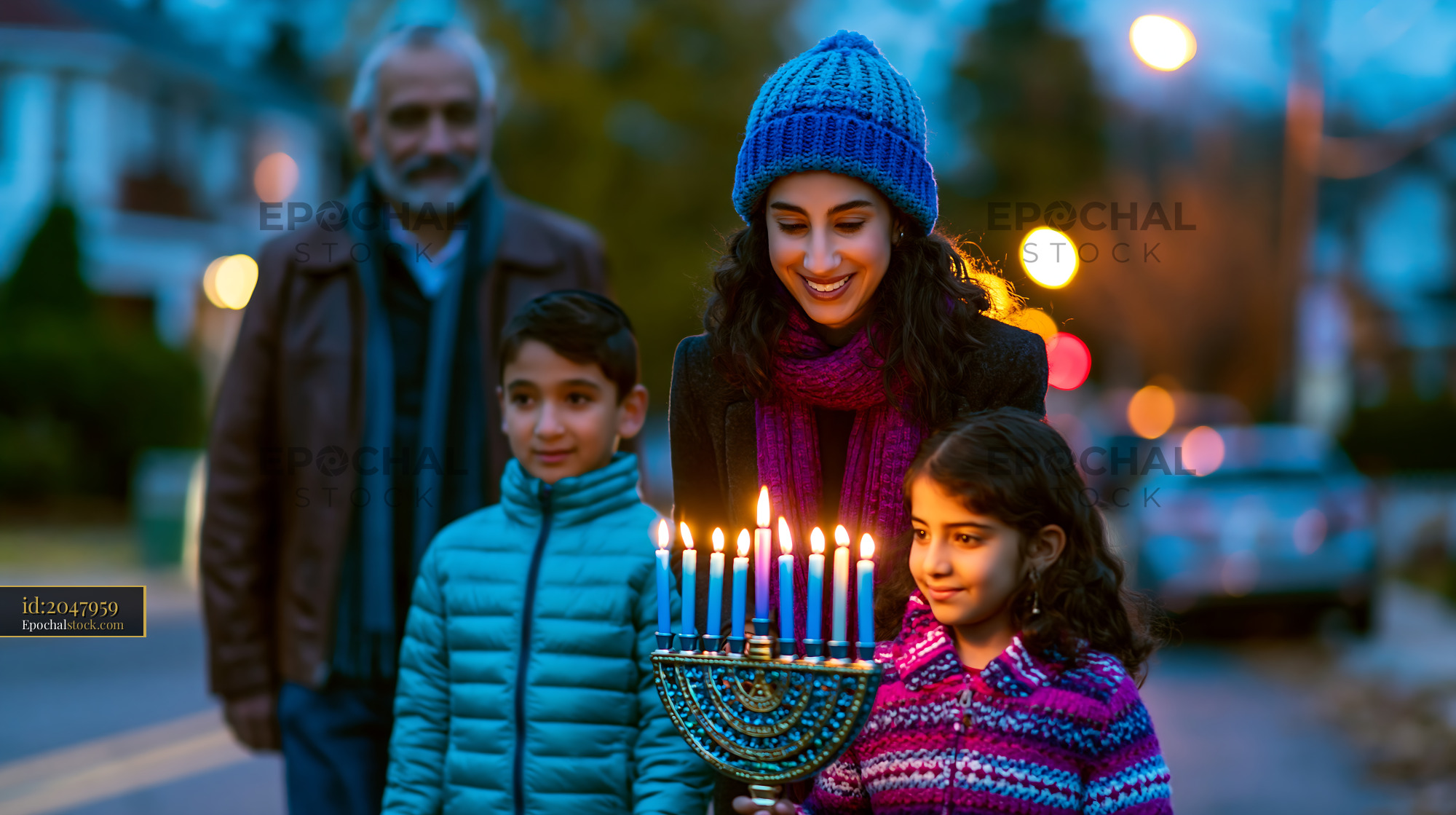 Watermarked full-resolution preview of Family celebrating Hanukkah with menorah on a street at dusk