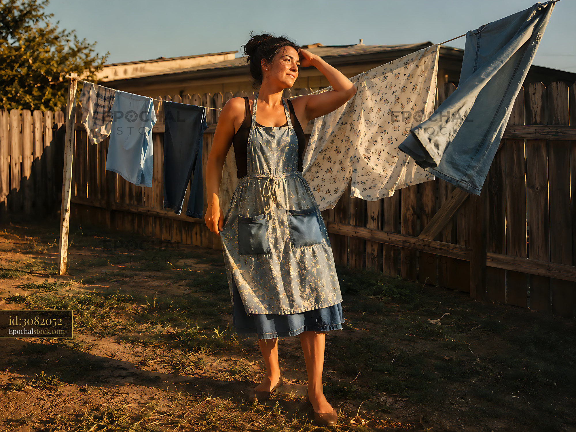 Watermarked full-resolution preview of Woman hanging laundry on a clothesline in a rural setting