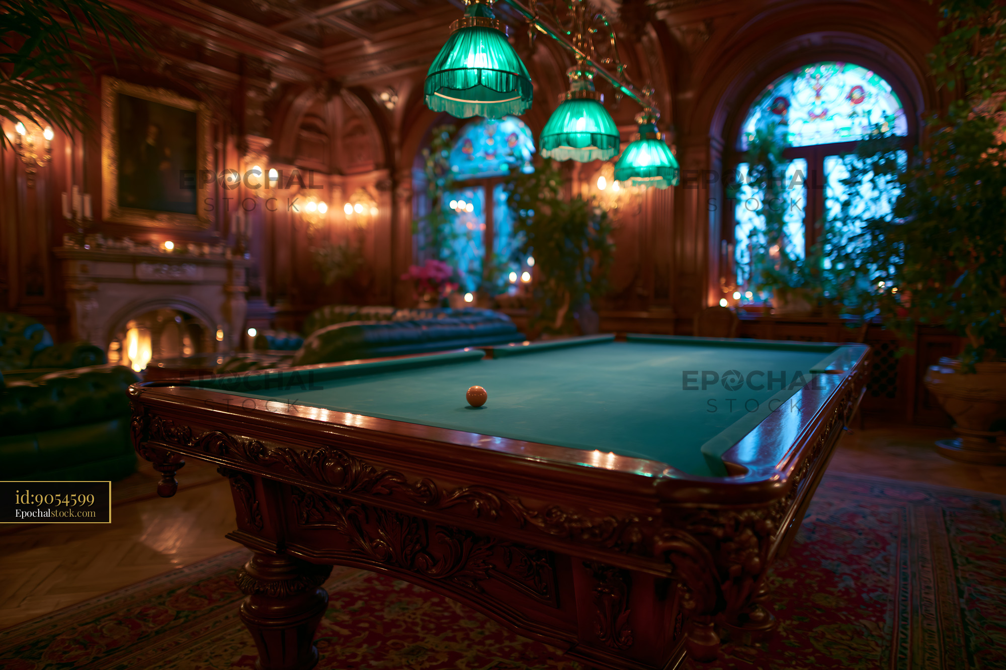 Watermarked full-resolution preview of Classic billiard room with green felt table and vintage decor
