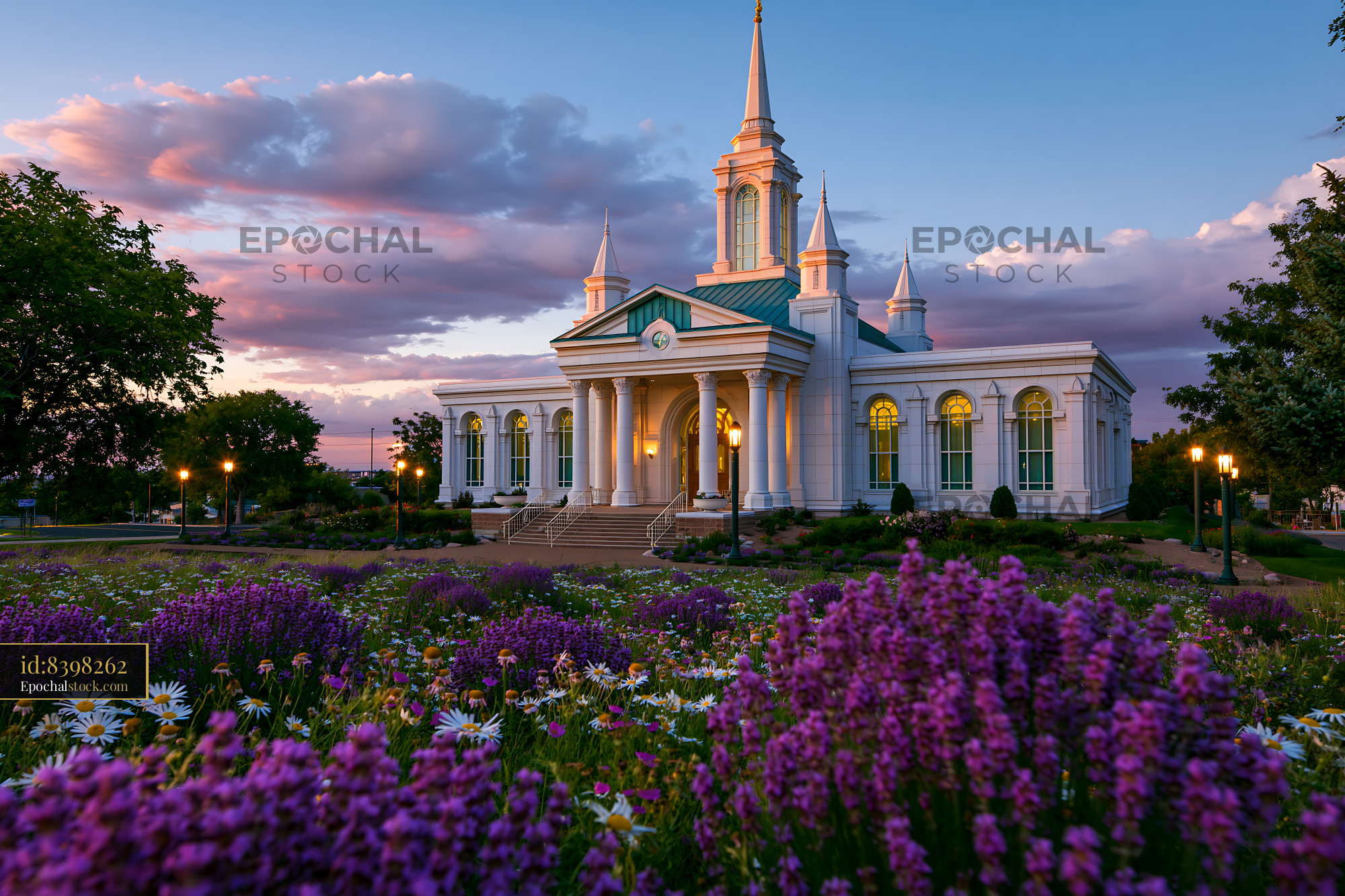 Watermarked full-resolution preview of Church surrounded by flowers at sunset