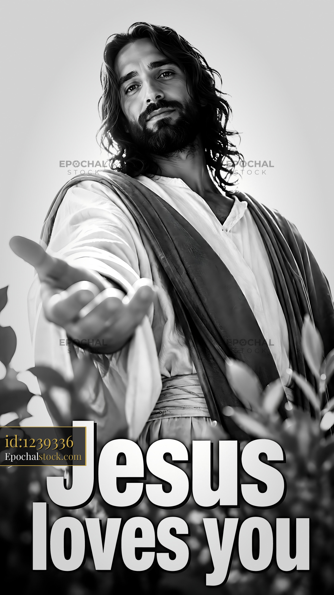Watermarked full-resolution preview of Jesus offers love and support with outstretched hand