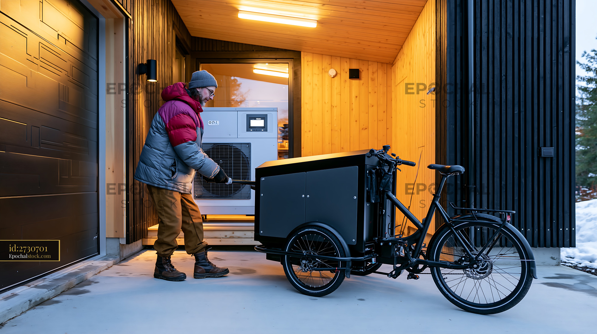 Watermarked full-resolution preview of Delivery person using cargo bike outside a modern building