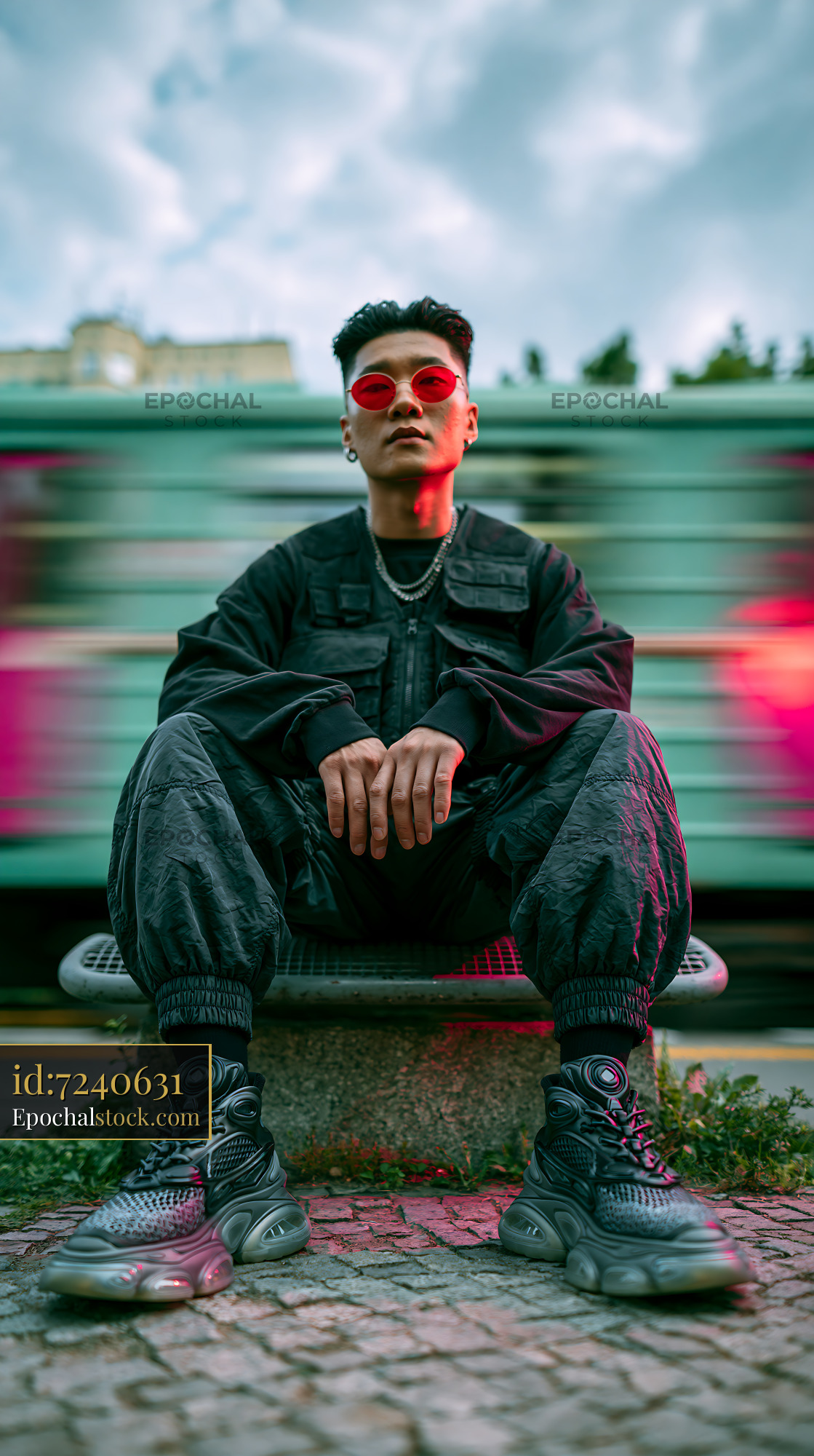 Watermarked full-resolution preview of Young person wearing sunglasses sits on bench in city street