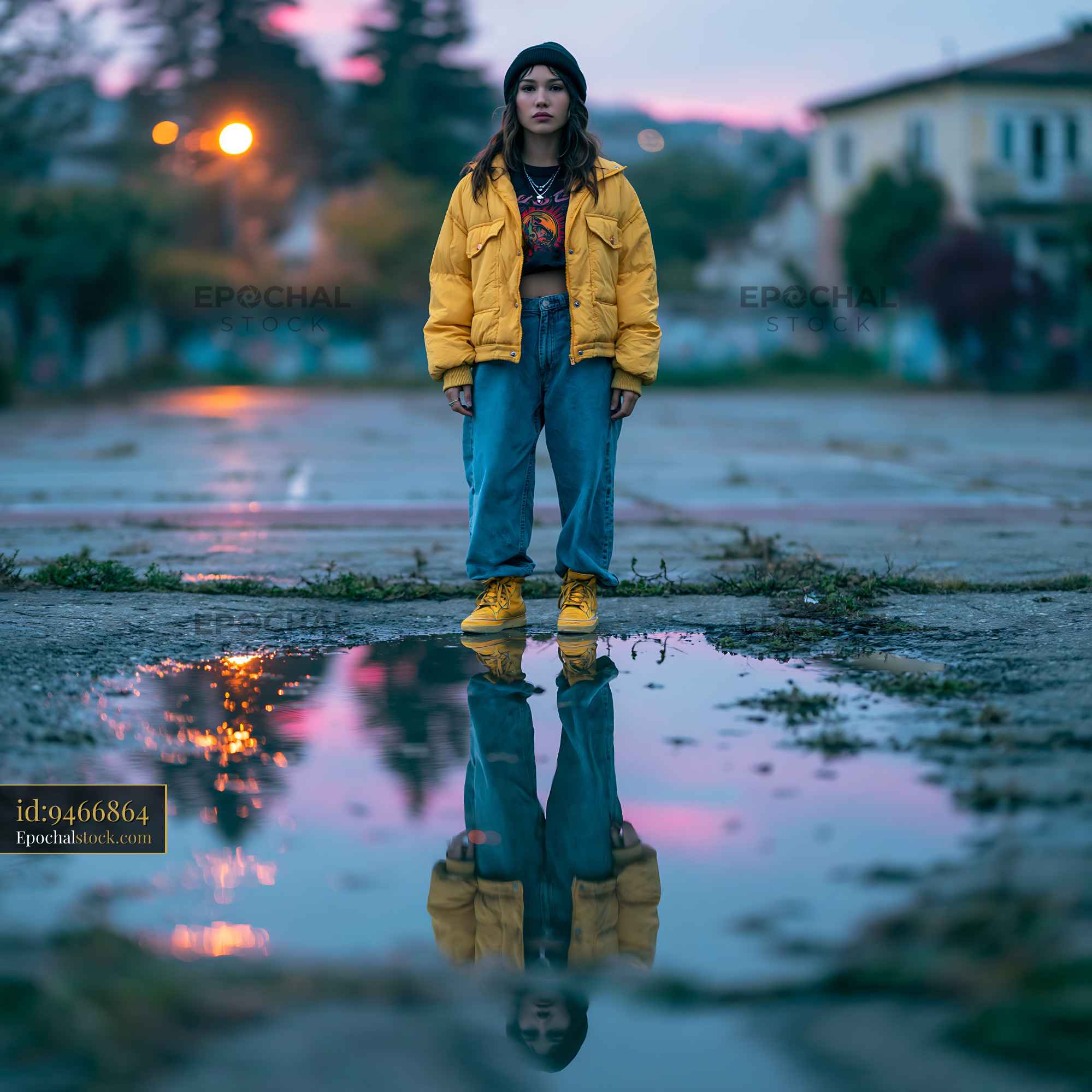 Watermarked full-resolution preview of Girl in yellow jacket standing by puddle at twilight