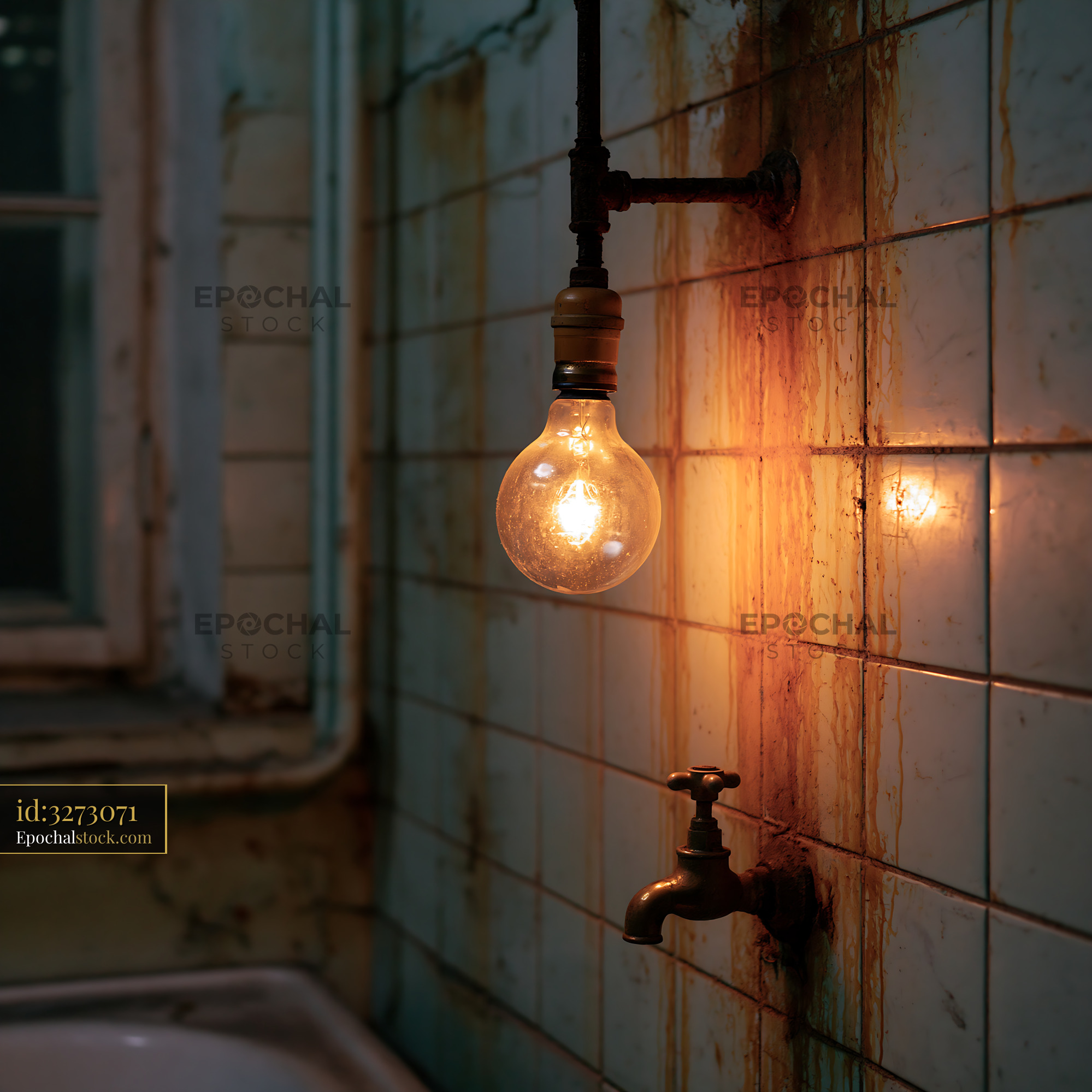 Watermarked full-resolution preview of Old light bulb hanging in an abandoned room with rusty tiles