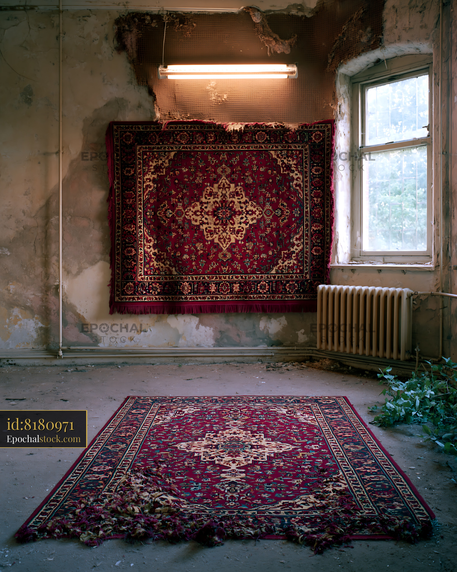 Watermarked full-resolution preview of Old rugs in an abandoned room with peeling walls and a window