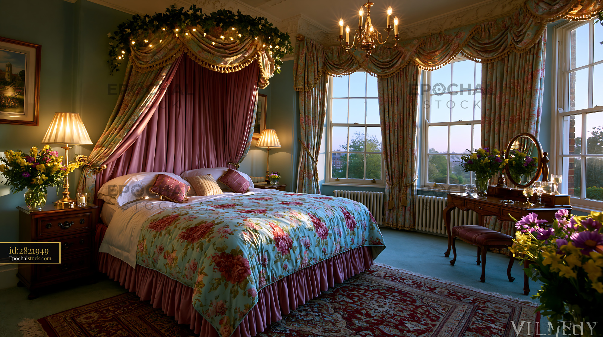 Watermarked full-resolution preview of Cozy bedroom with floral decor and large window view