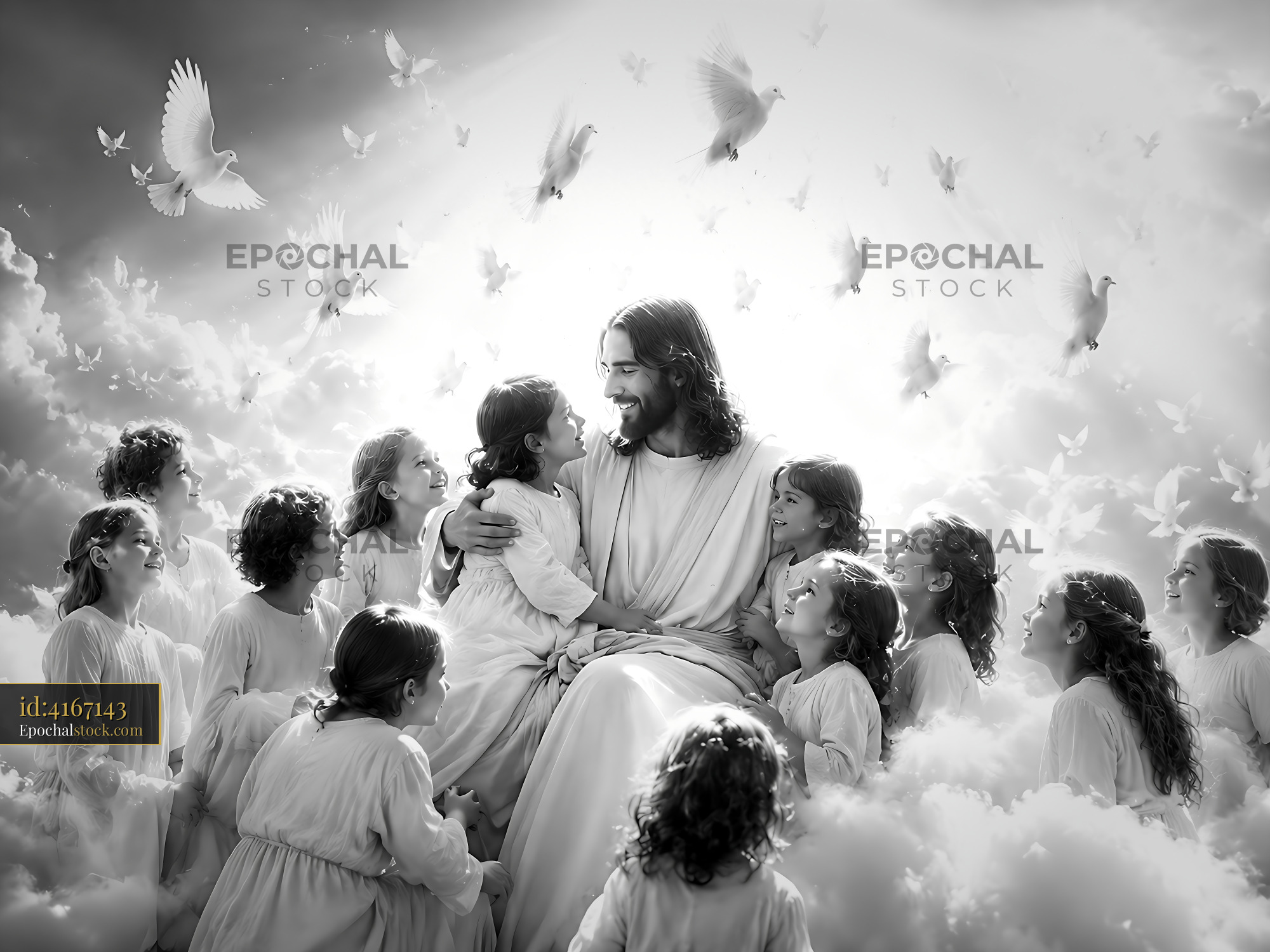 Watermarked full-resolution preview of Children gather around figure in clouds with doves above