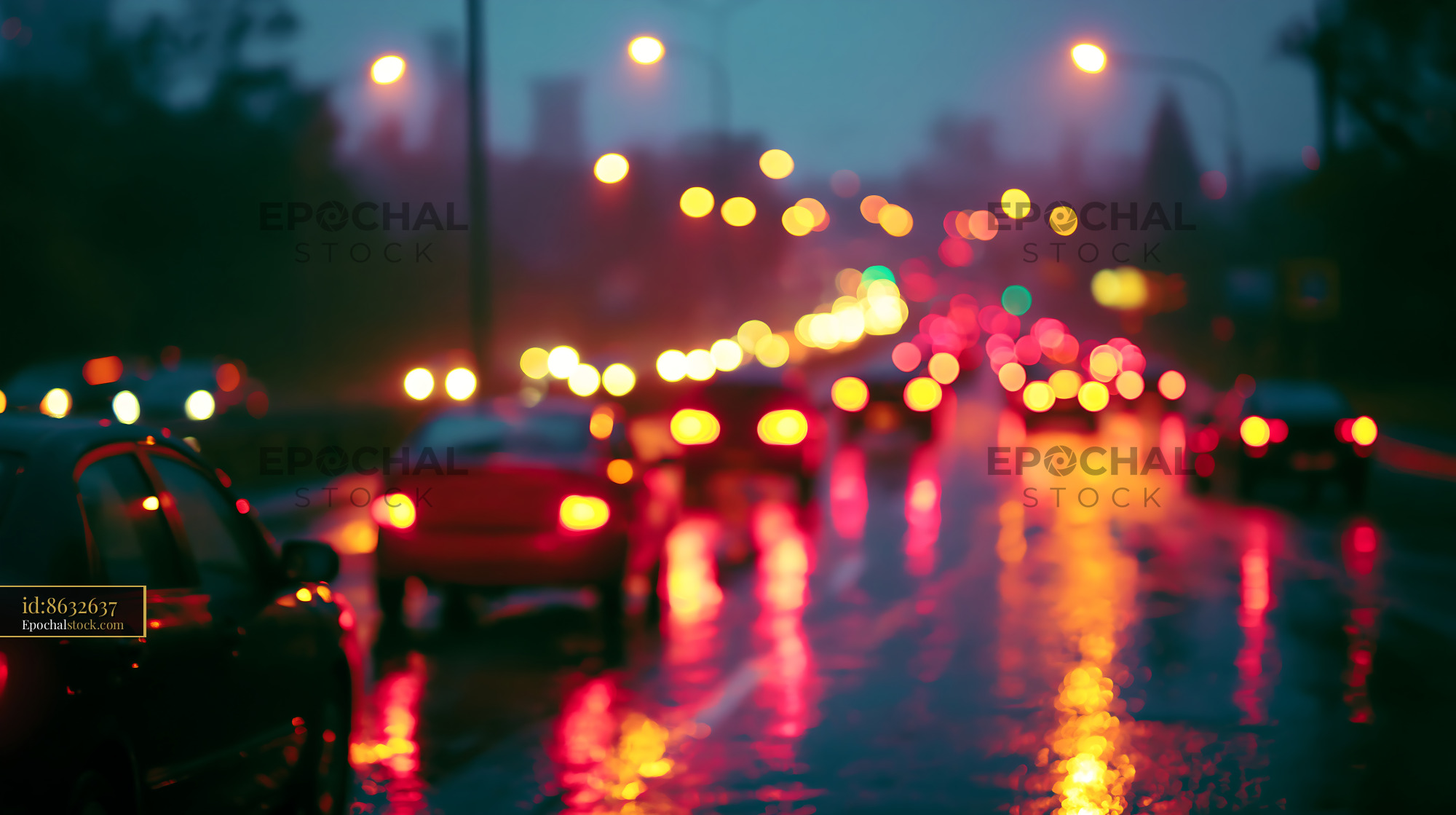 Watermarked full-resolution preview of Nighttime traffic on a wet road with reflections of lights