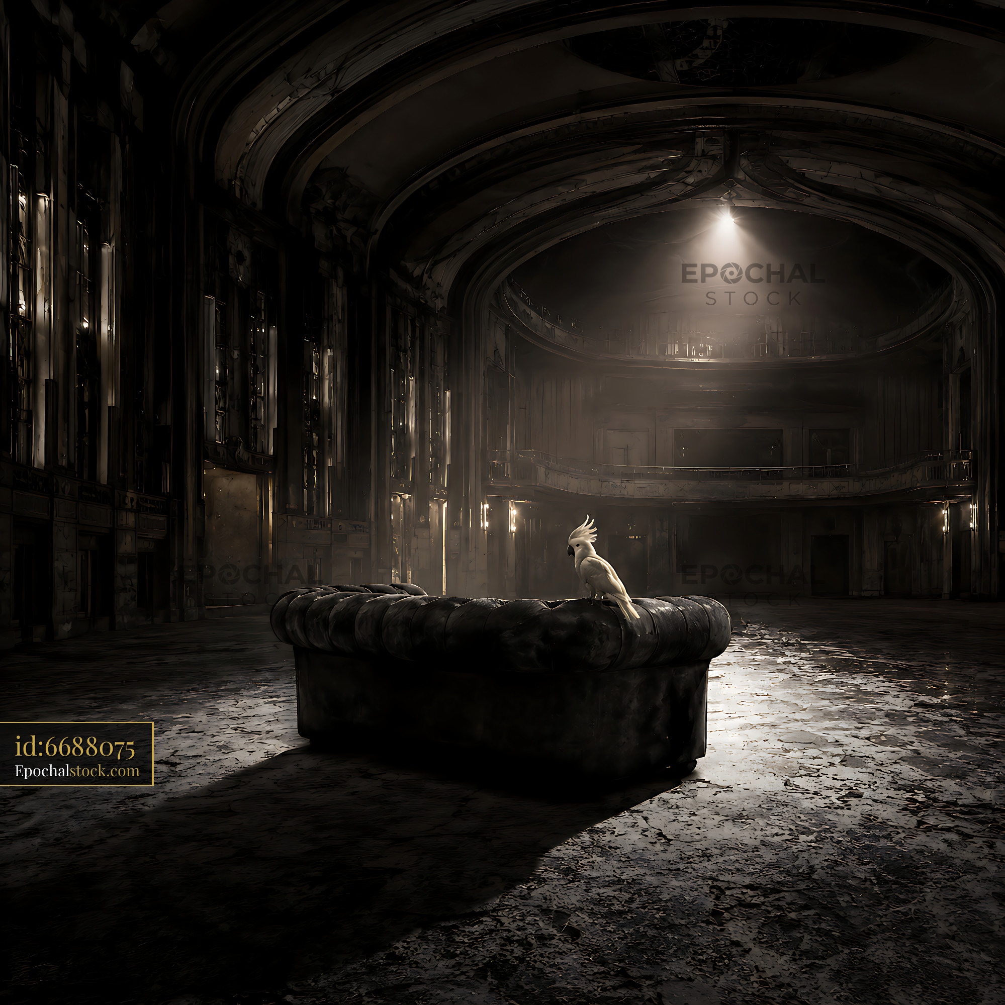 Watermarked full-resolution preview of Abandoned theater with a couch and a bird under dim lighting