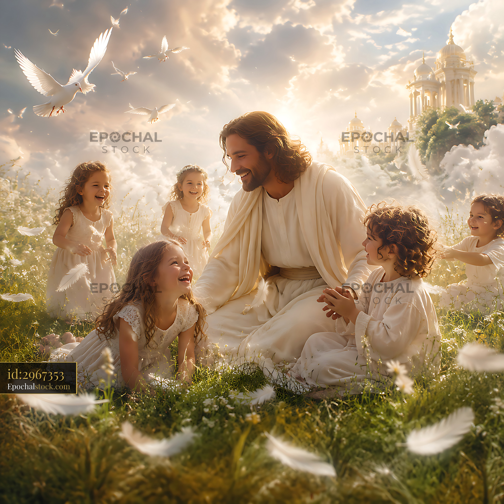 Watermarked full-resolution preview of Children laughing and playing with man in white robe in field