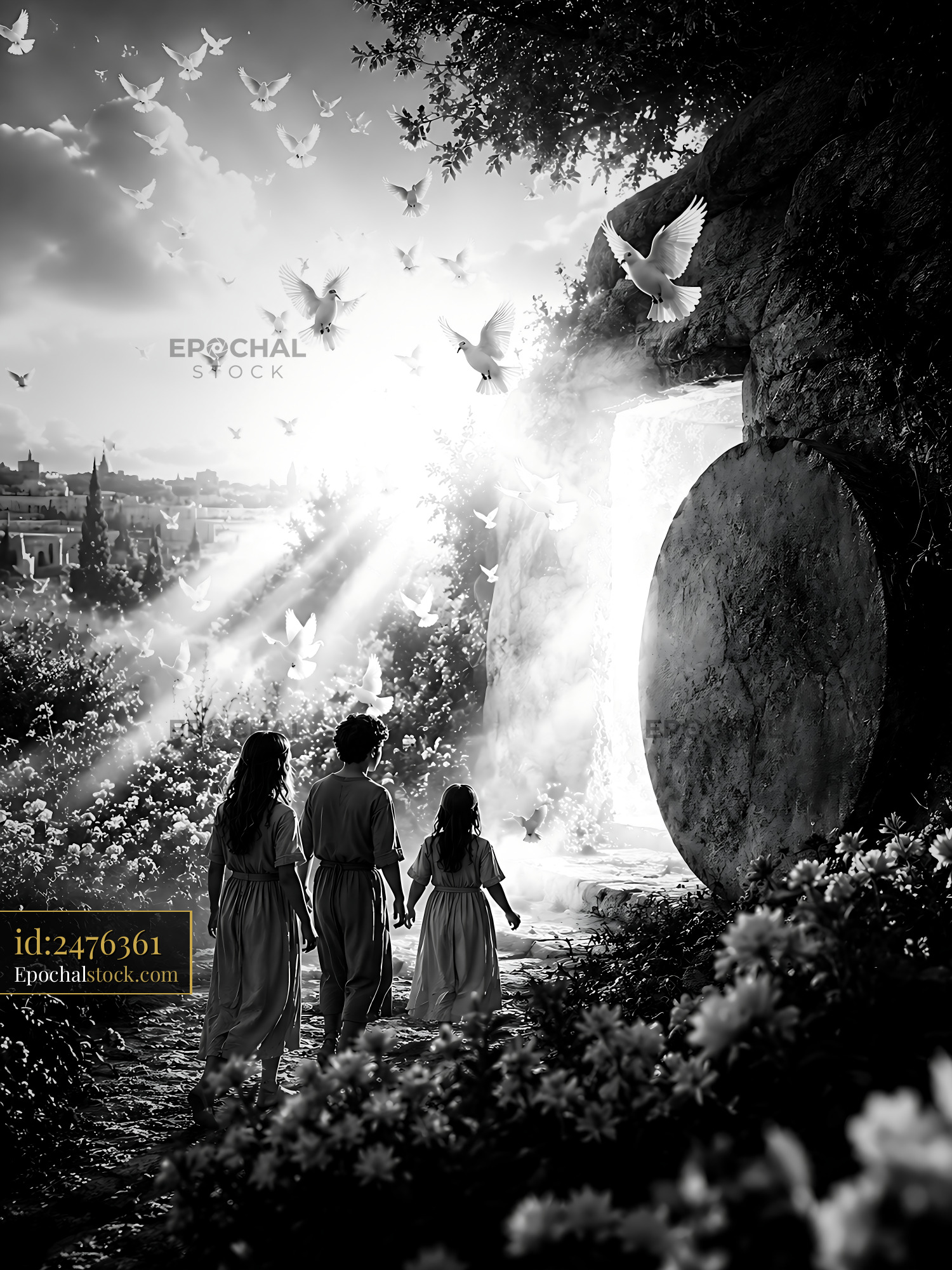 Watermarked full-resolution preview of Children walking towards a light-filled entrance surrounded by doves