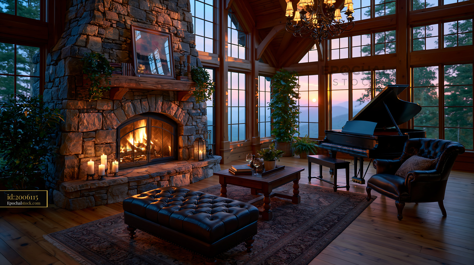 Watermarked full-resolution preview of Cozy living room with fireplace and grand piano at sunset