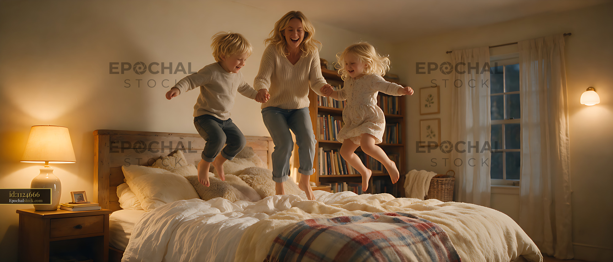 Watermarked full-resolution preview of Happy mother and children bouncing on bed at home