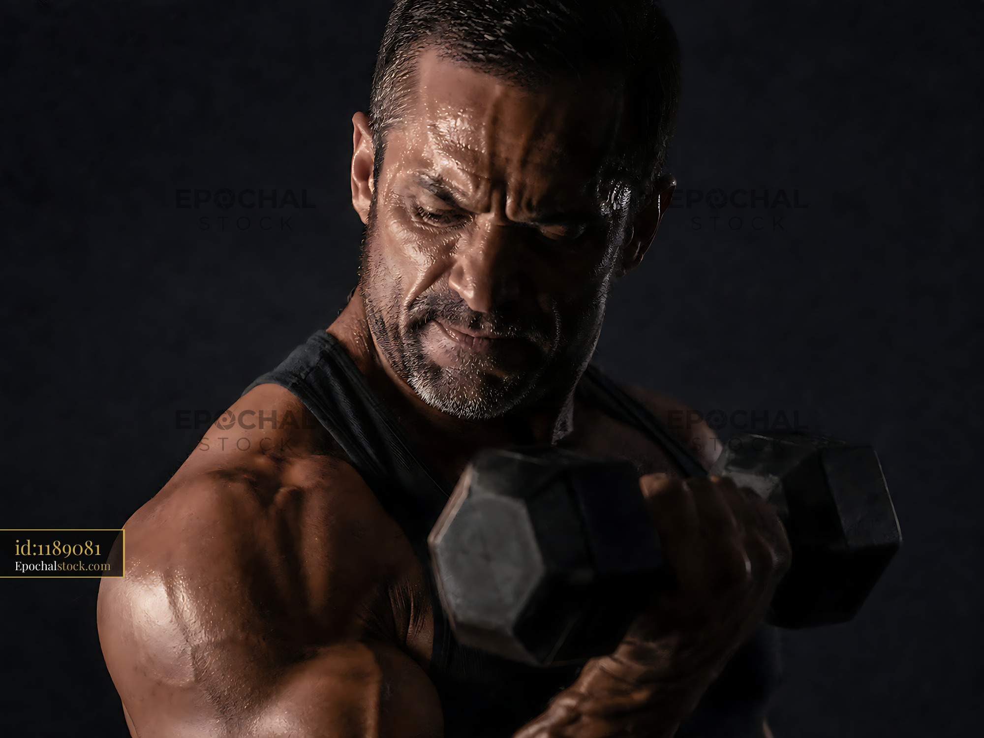 Watermarked full-resolution preview of Muscular man lifting dumbbell during workout session