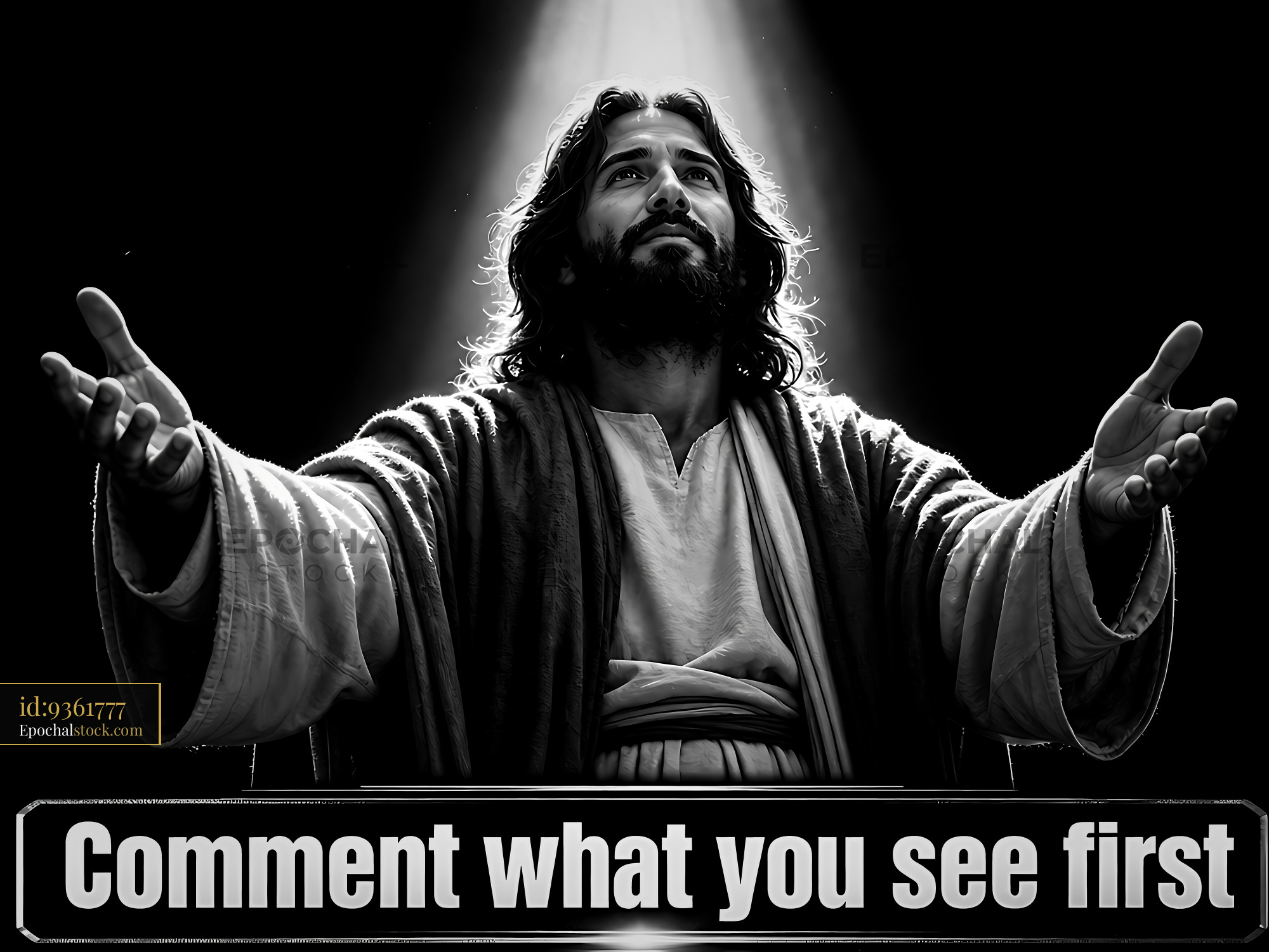 Watermarked full-resolution preview of Religious figure with open arms in a dramatic light