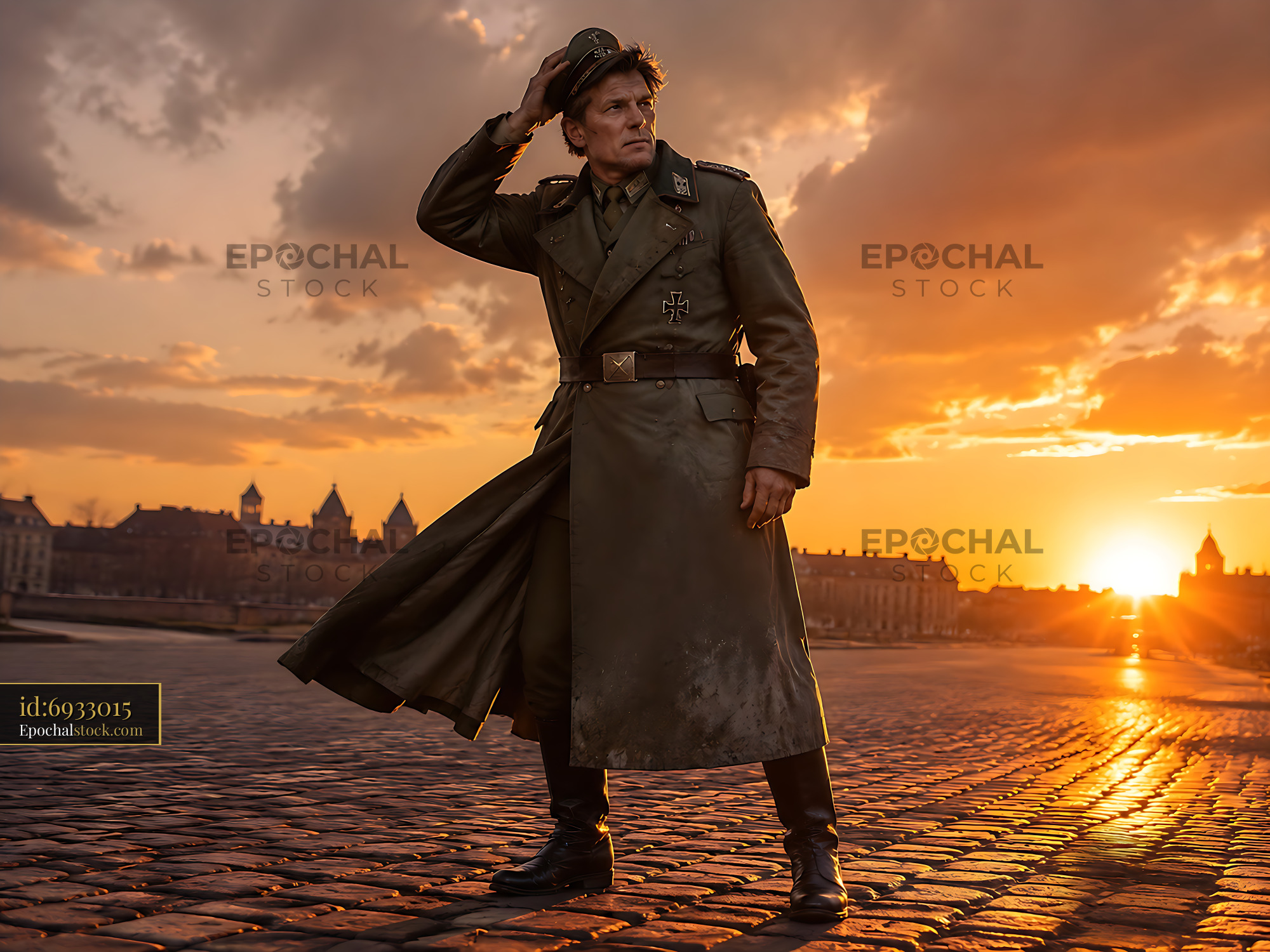 Watermarked full-resolution preview of Soldier in uniform standing at sunset by historic buildings