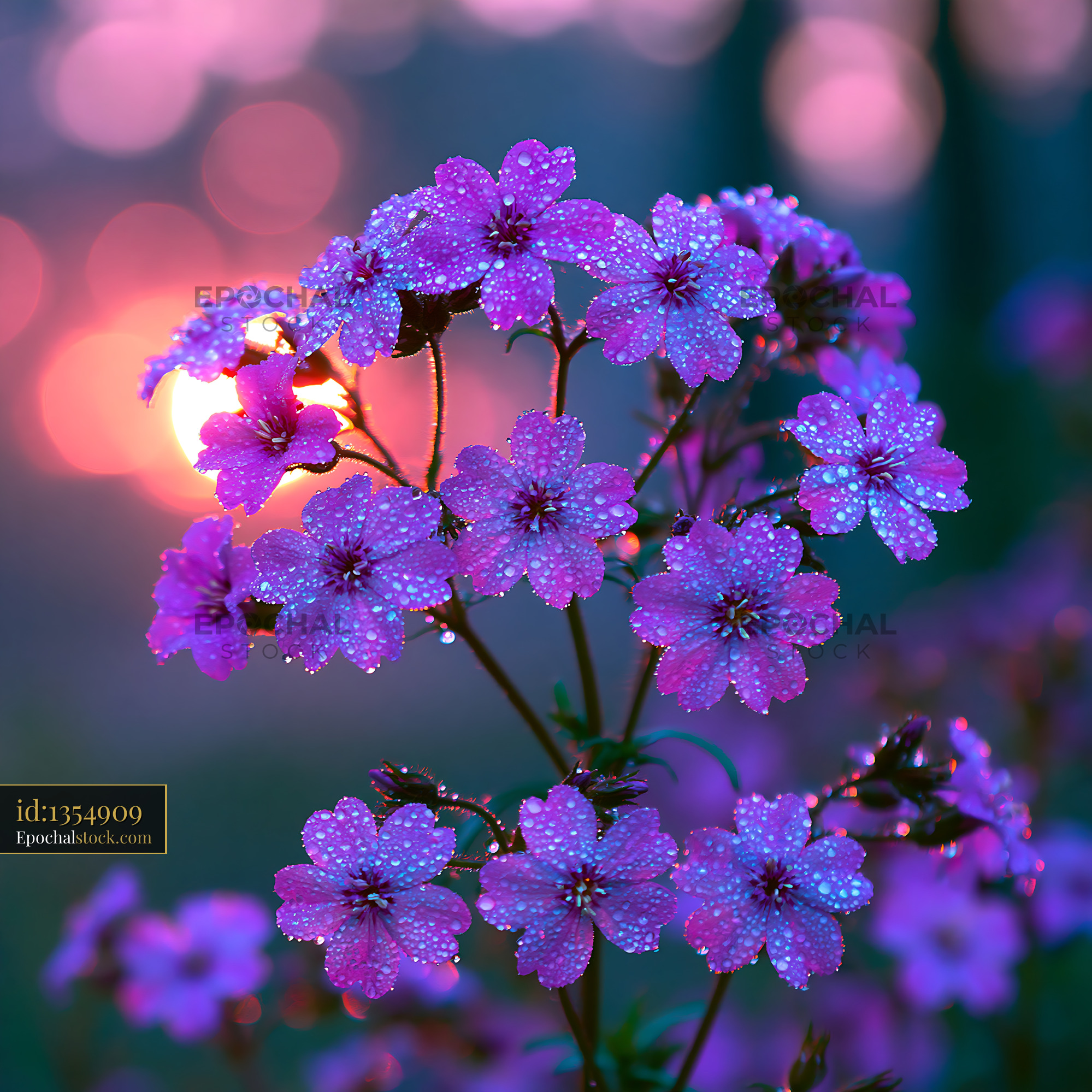 Watermarked full-resolution preview of Purple flowers with dew at sunset
