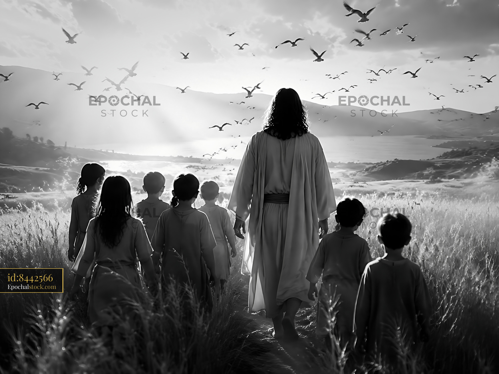 Jesus Walks With Children Through Field Under Cloudy Sky - stock photo