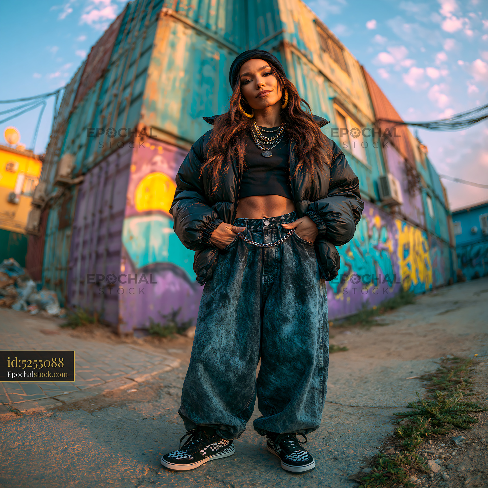 Watermarked full-resolution preview of Woman standing in urban area with colorful shipping containers