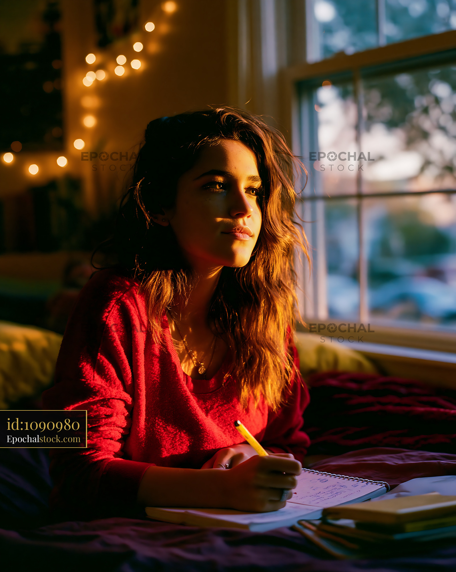 Watermarked full-resolution preview of Young person writes in a notebook by a window during sunset