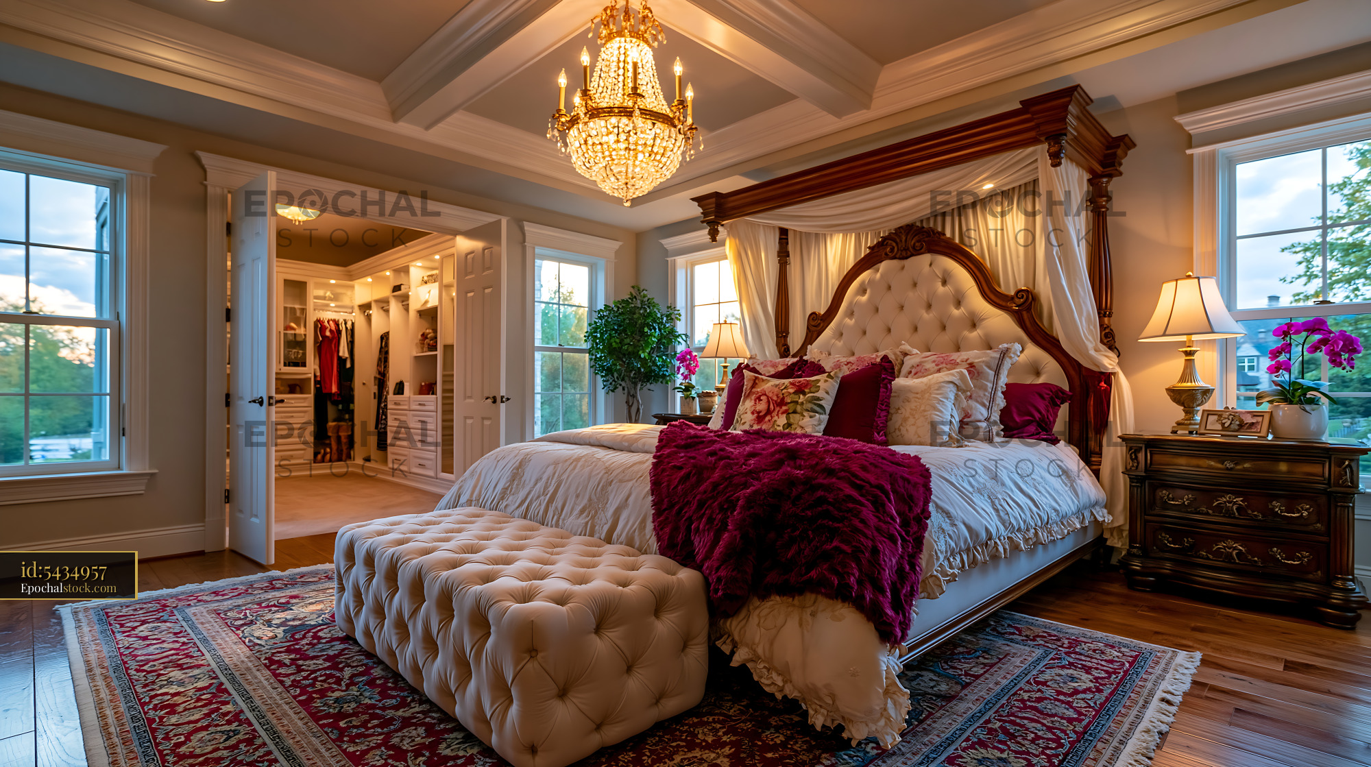 Watermarked full-resolution preview of Luxury bedroom with elegant decor and spacious closet