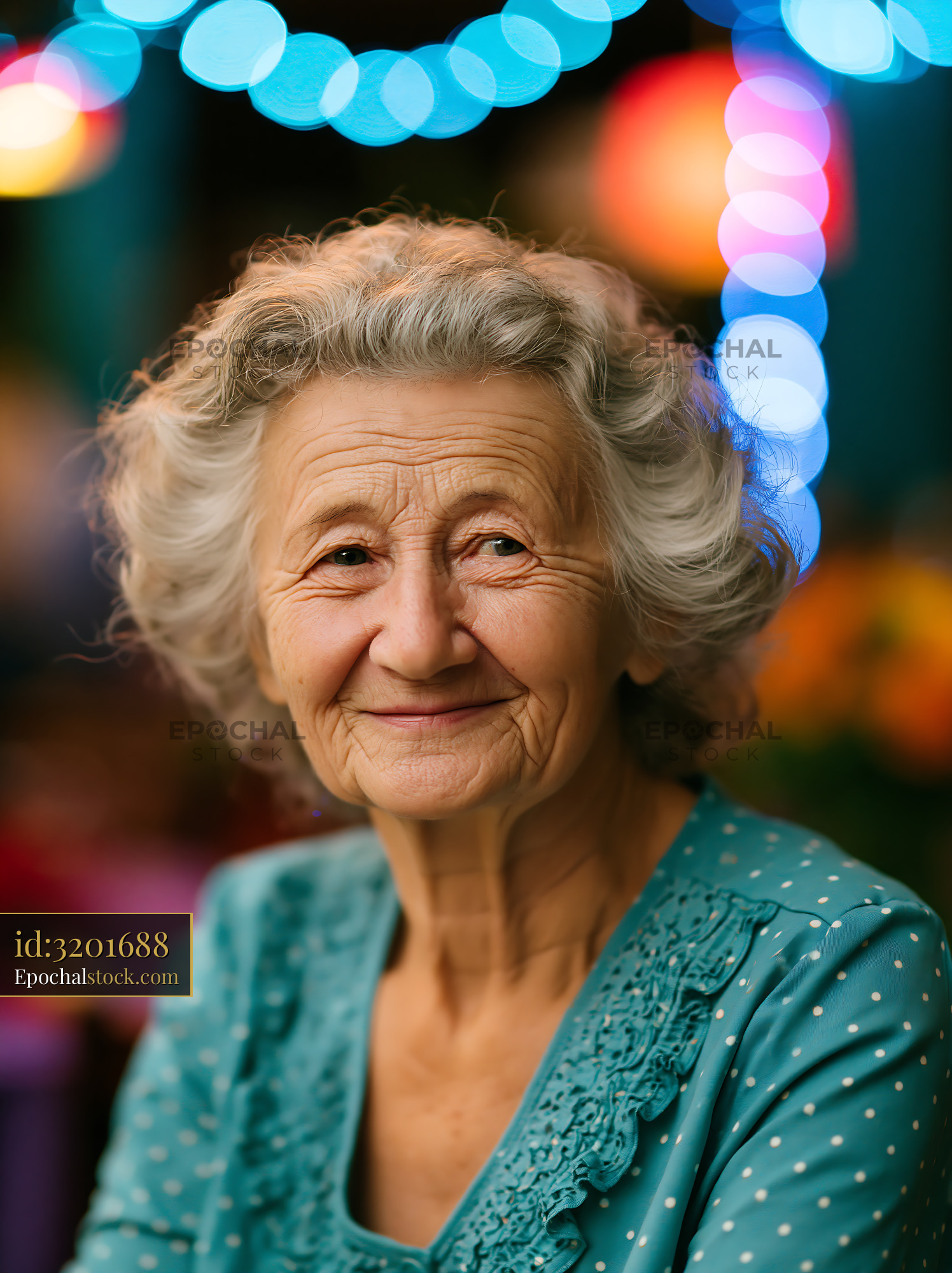 Elderly Woman Smiles While Sitting in a Lively Setting With Lights - stock photo