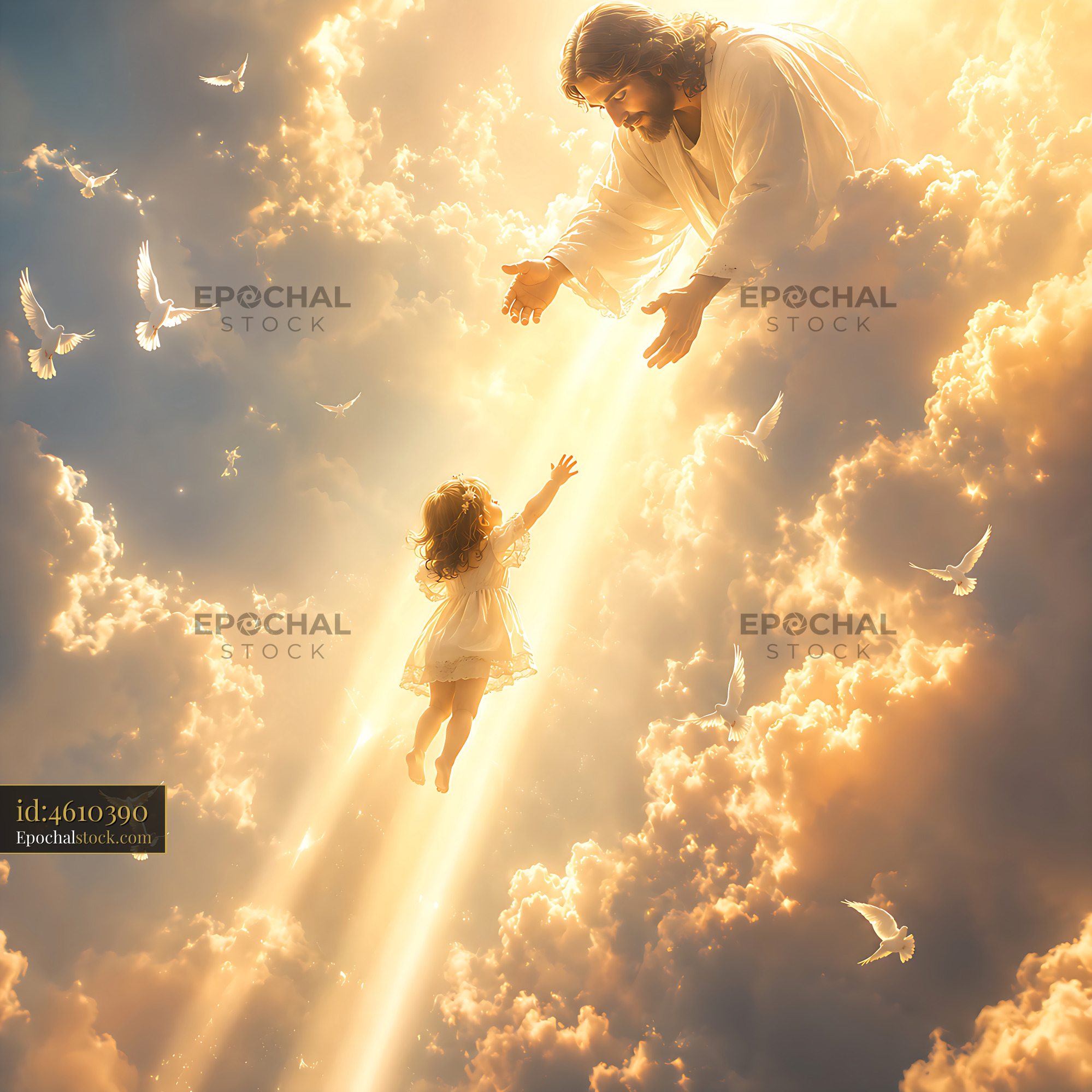 Watermarked full-resolution preview of Child reaching for figure in clouds with doves flying nearby