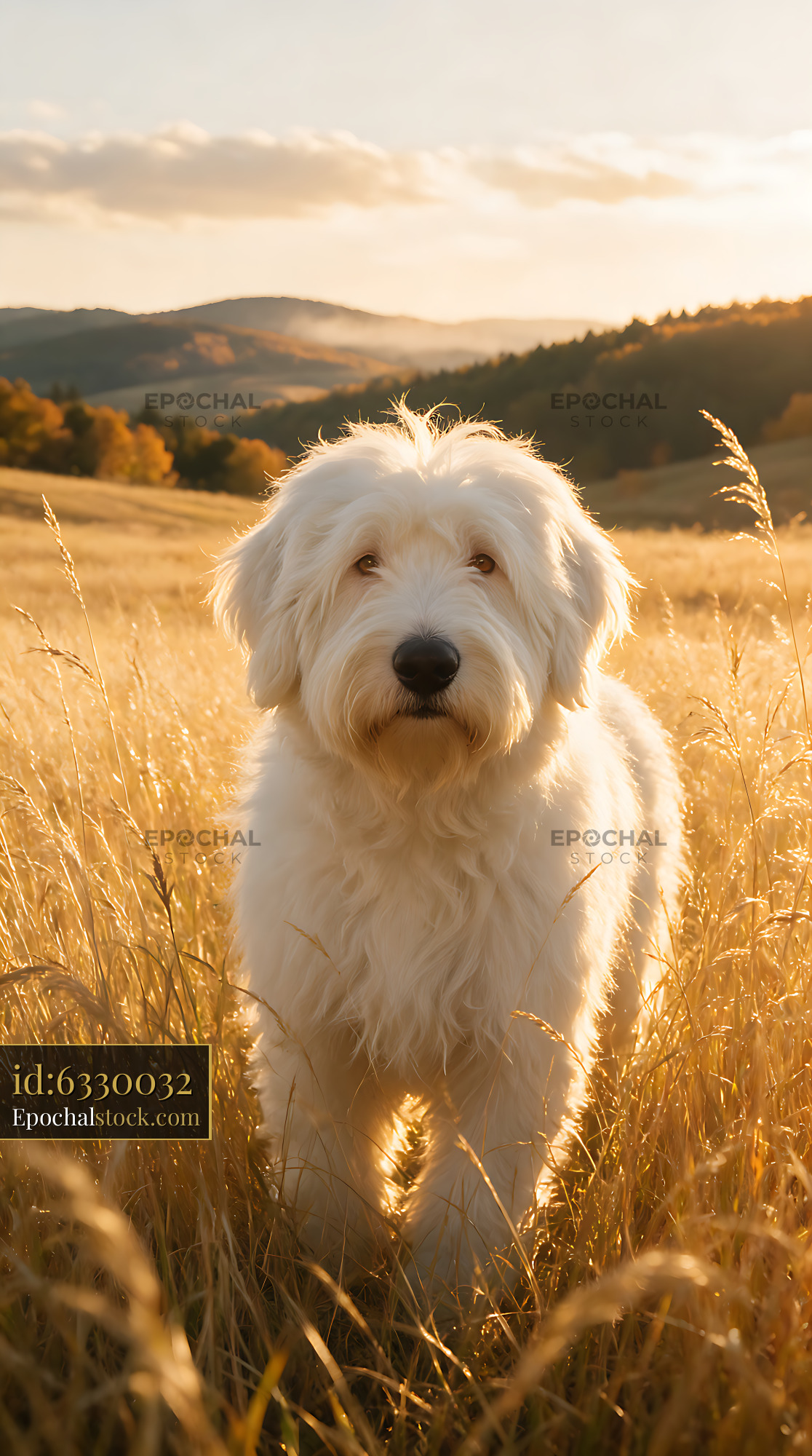 Watermarked full-resolution preview of Fluffy white dog in golden mountain meadow