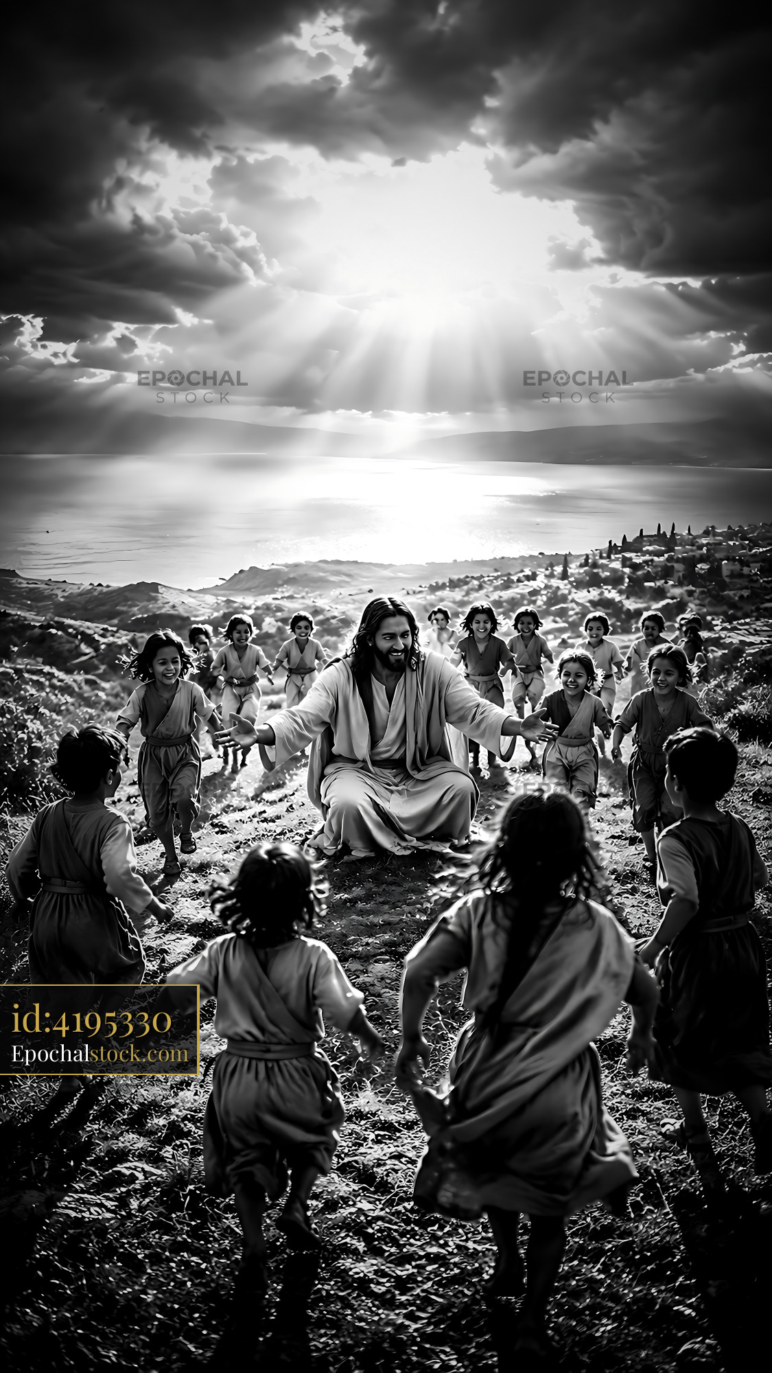 Watermarked full-resolution preview of Children playing around a figure in a natural landscape