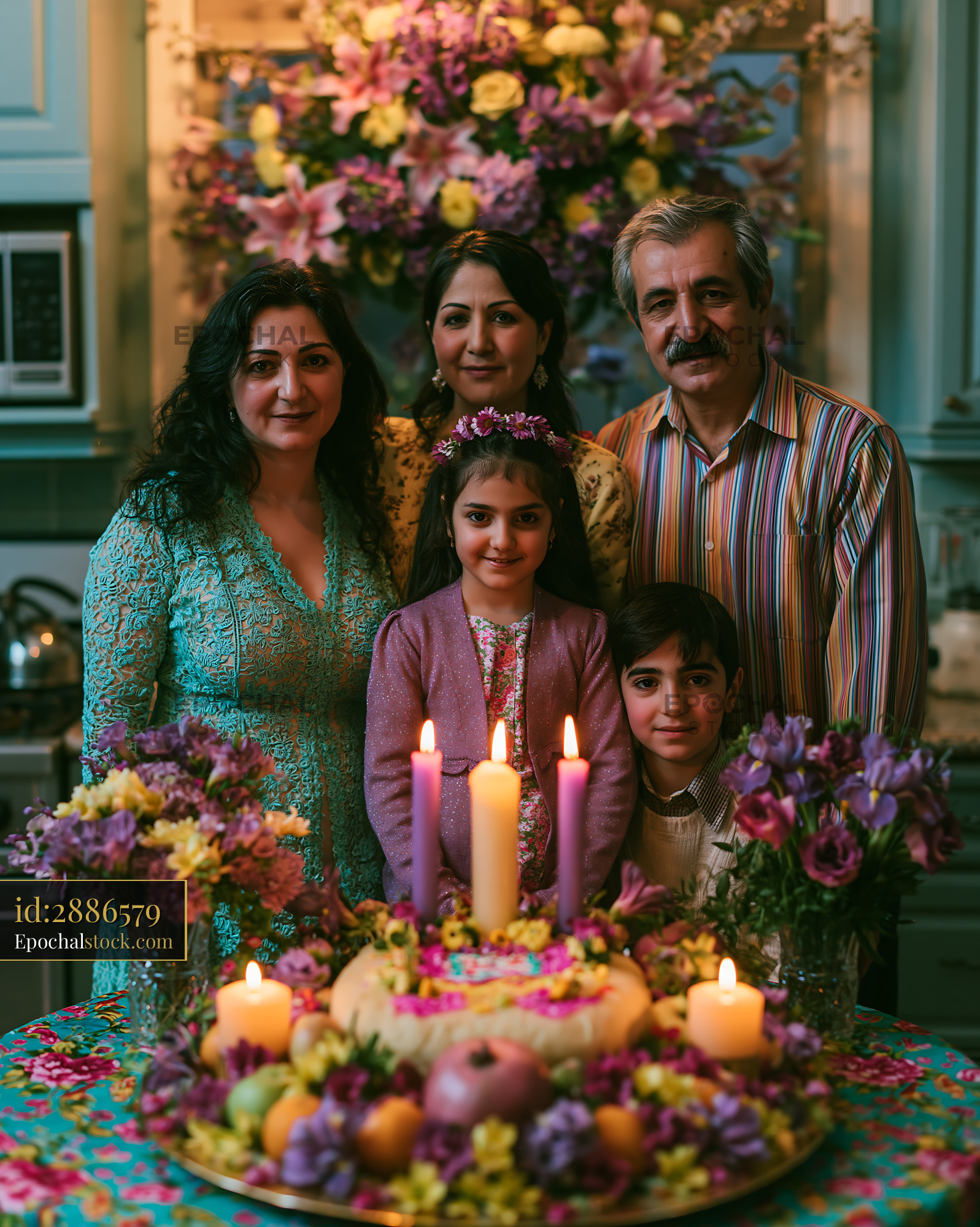Watermarked full-resolution preview of Family celebration with cake and flowers during a birthday event