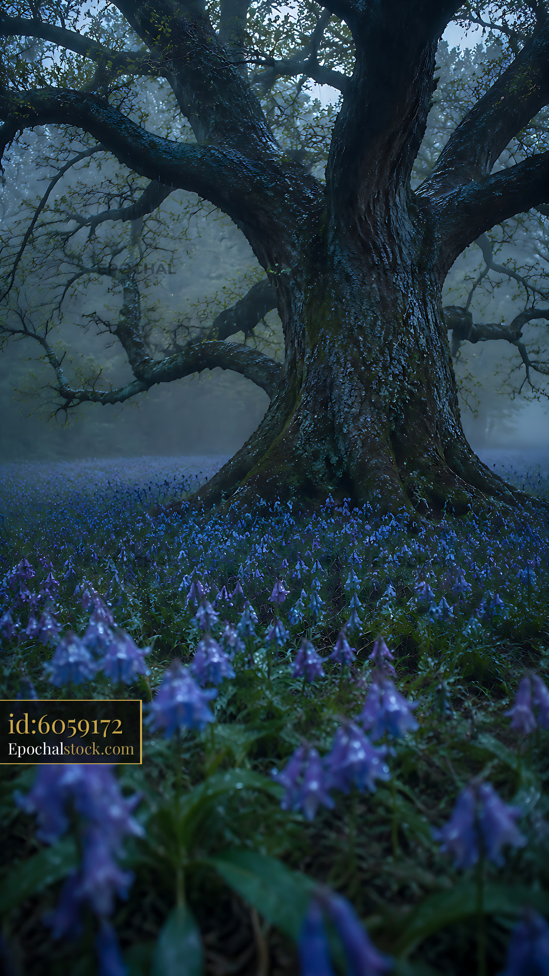 Tree Surrounded by Blue Flowers in Early Morning Light - stock photo