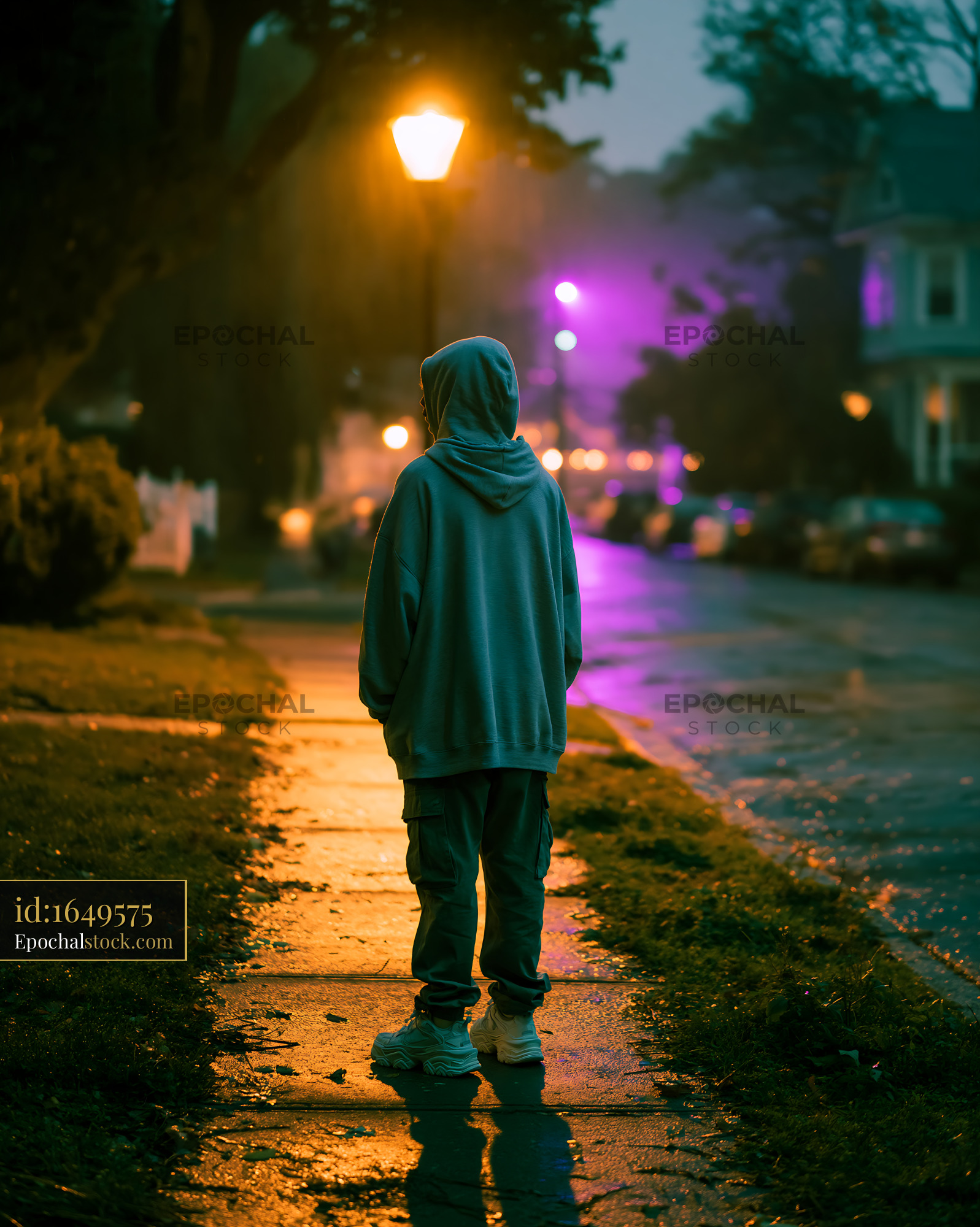 Watermarked full-resolution preview of Walking along a wet street at night under streetlights