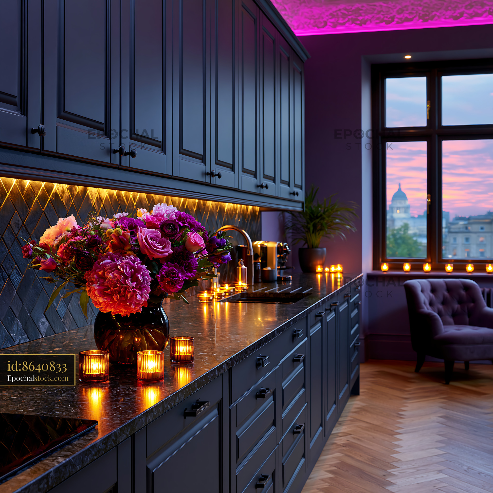 Luxury Black Kitchen With Flowers and Purple Lighting at Sunset - stock photo