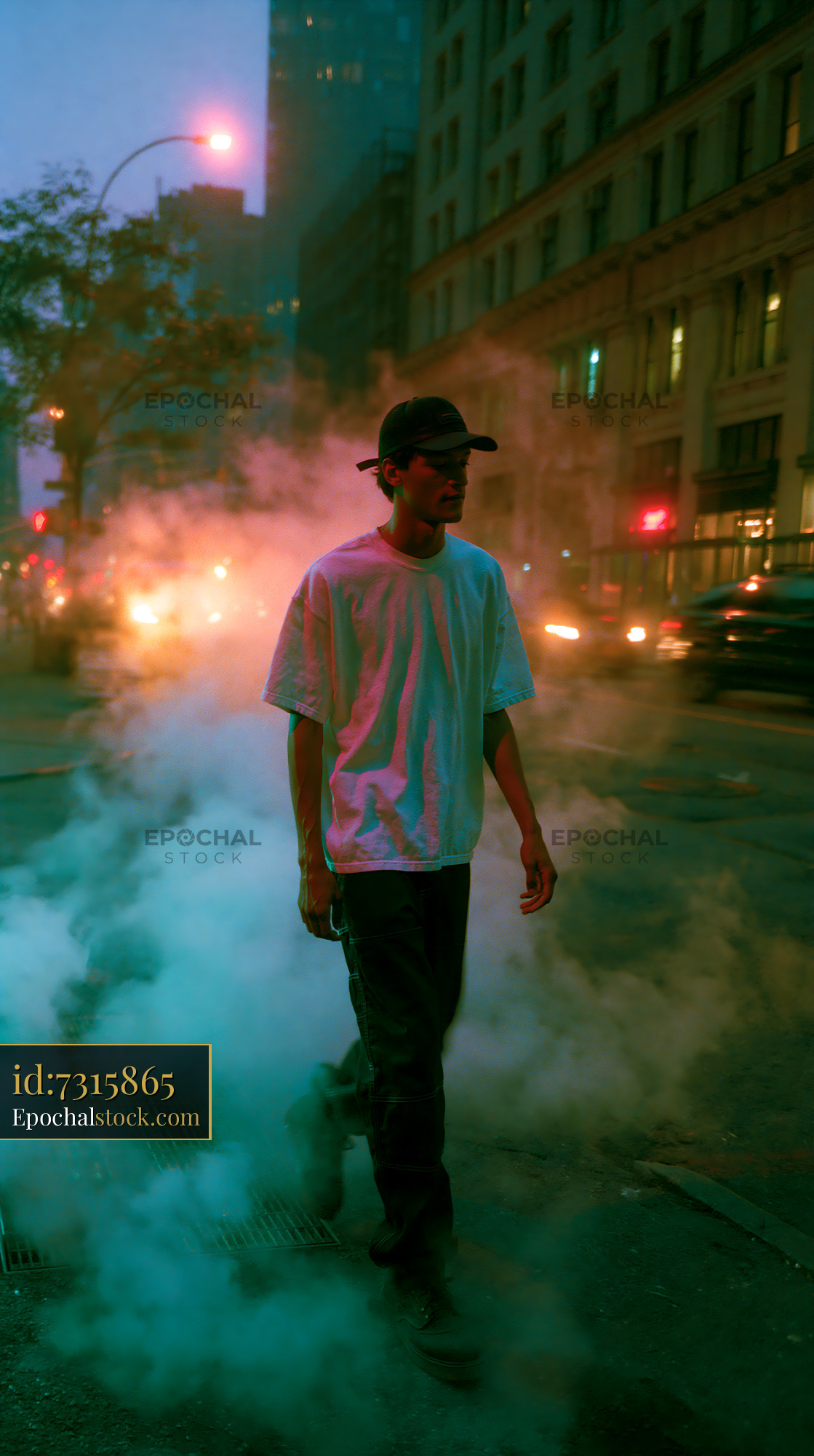 Watermarked full-resolution preview of Man walking through fog on a busy city street at night