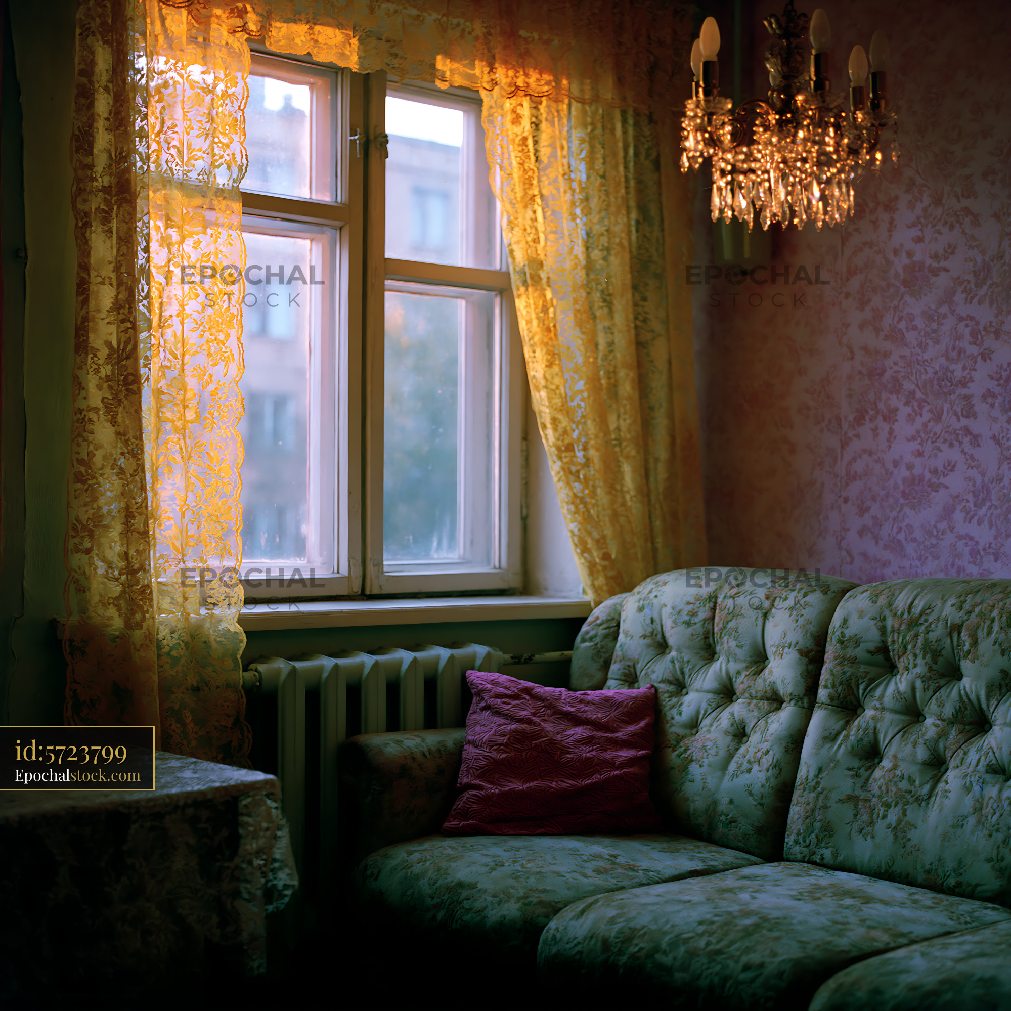 Cozy Living Room With Sunlight Through Window and Yellow Curtains - stock photo