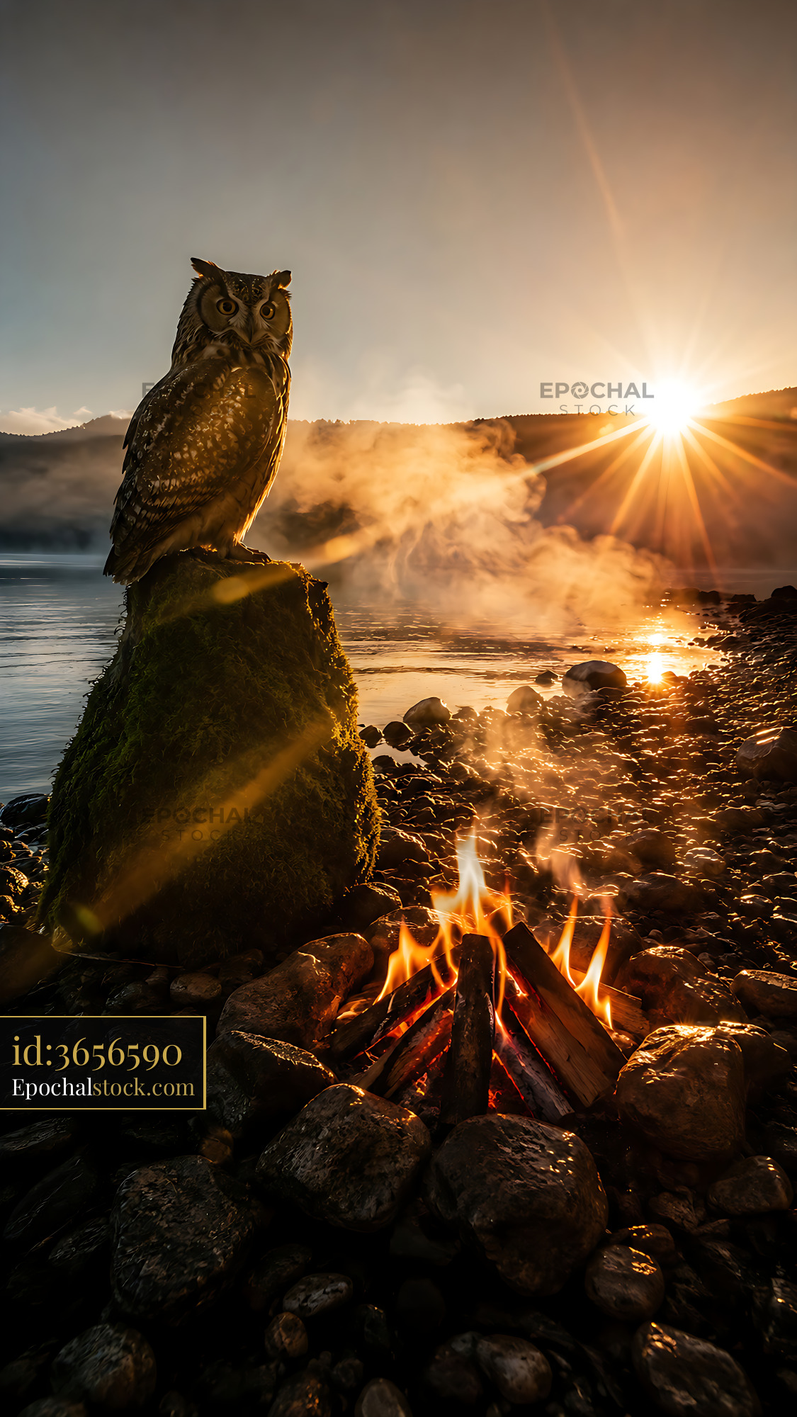 Watermarked full-resolution preview of Owl perched on rock near campfire at sunset over water