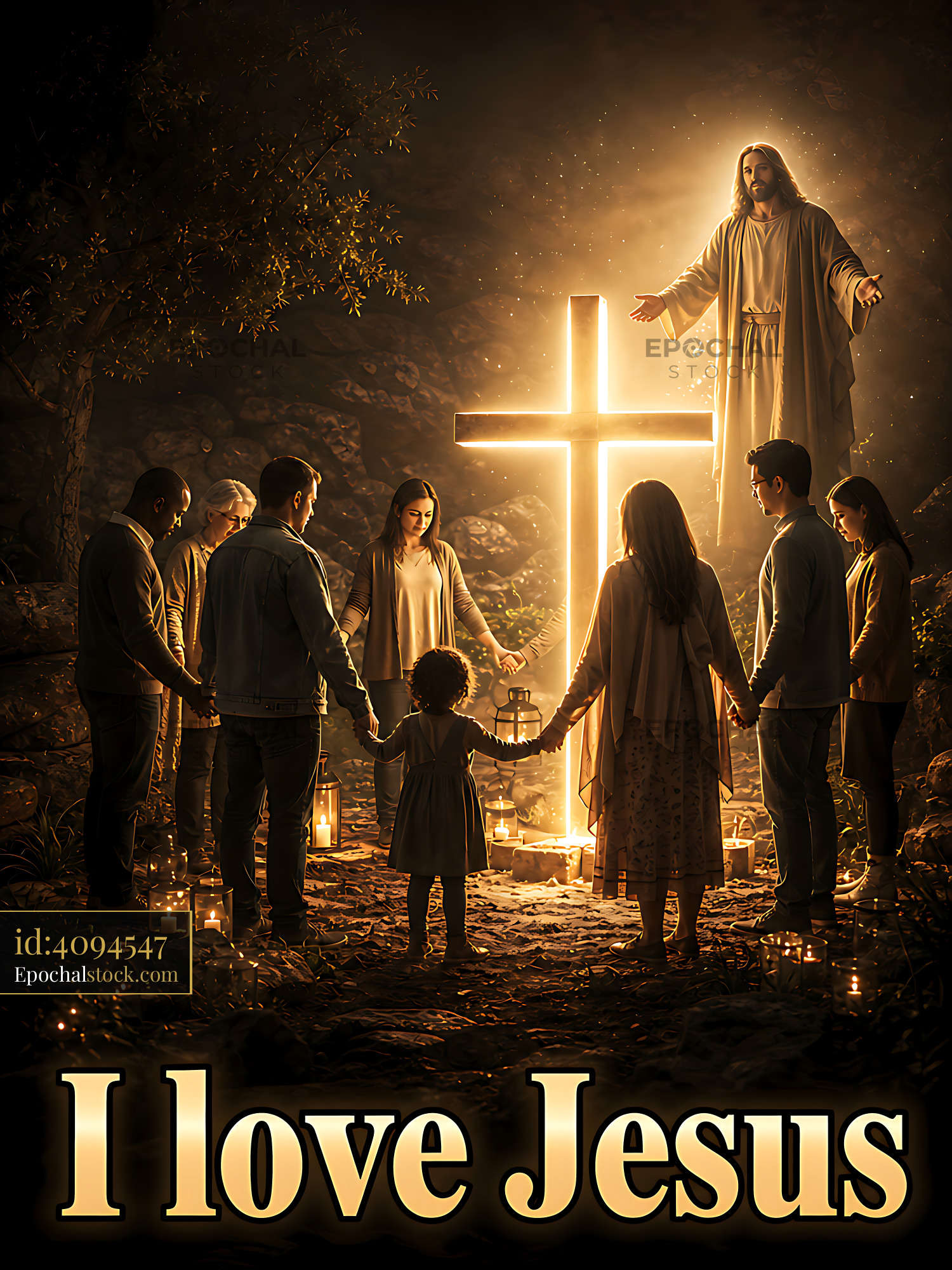 Watermarked full-resolution preview of Group of people praying around a glowing cross in the woods