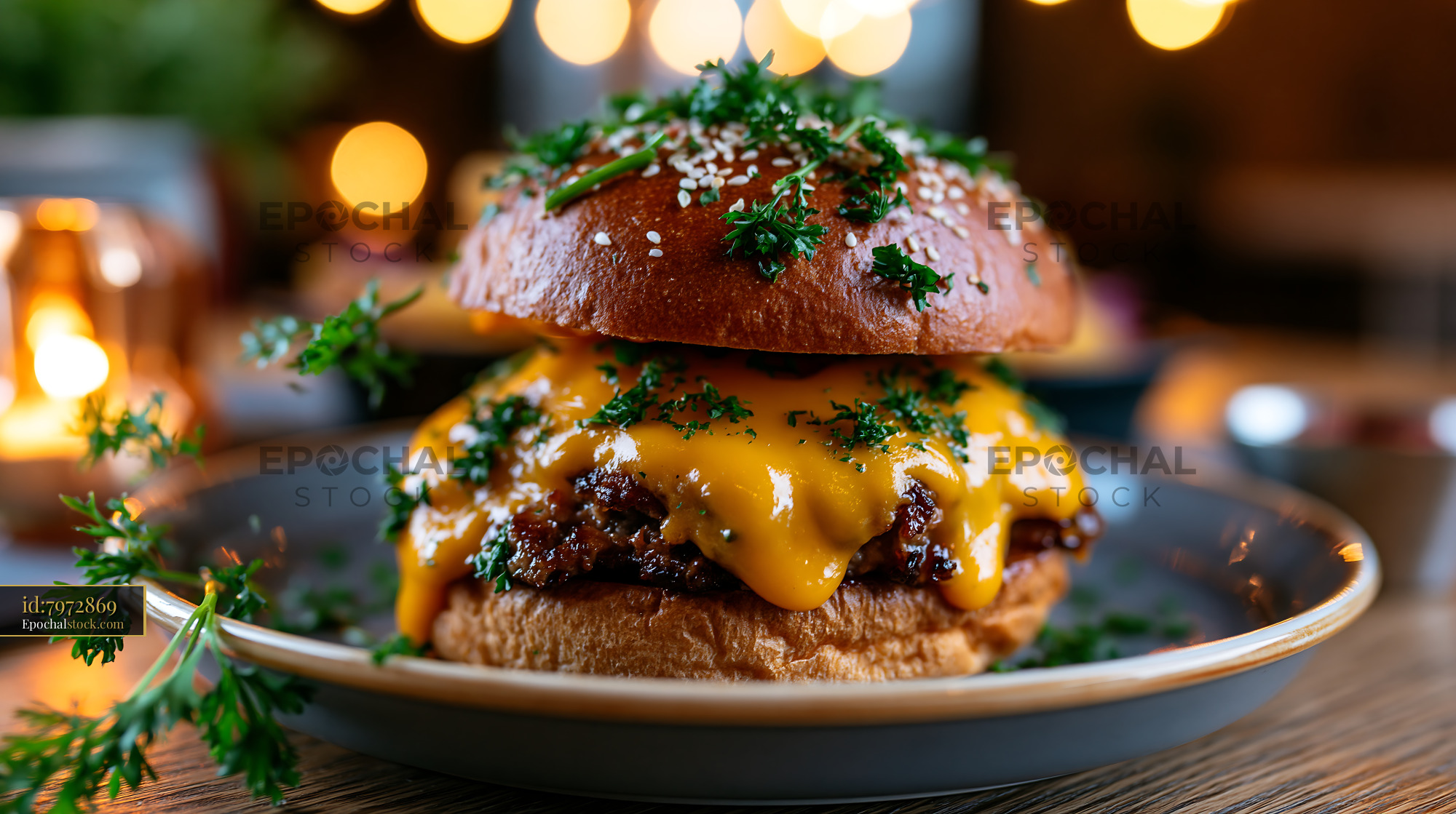 Watermarked full-resolution preview of Delicious burger with cheese on a plate in a restaurant setting