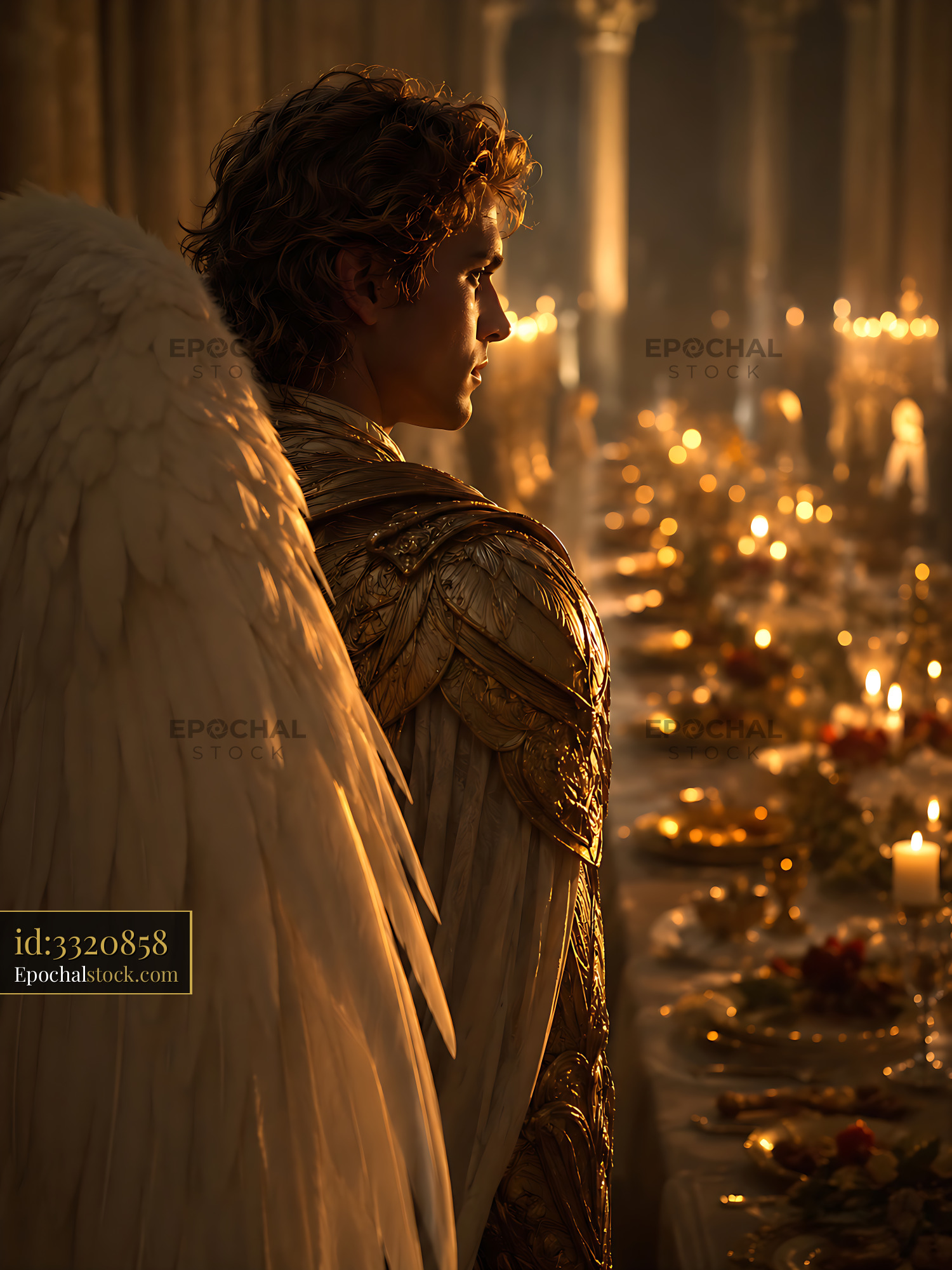 An Angel Figure is Seen in Profile Within a Large Hall - stock photo